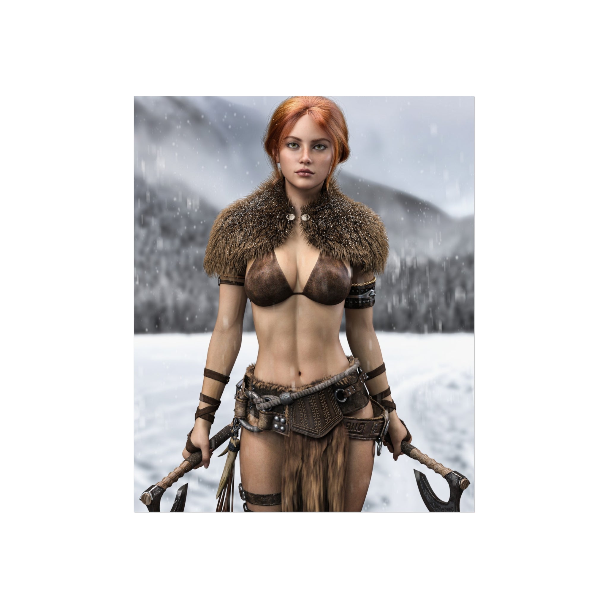 Viking Warrior Woman Fine Art Poster — Red-Haired Norse Axe Fighter Print- No AI- Human created illustration art