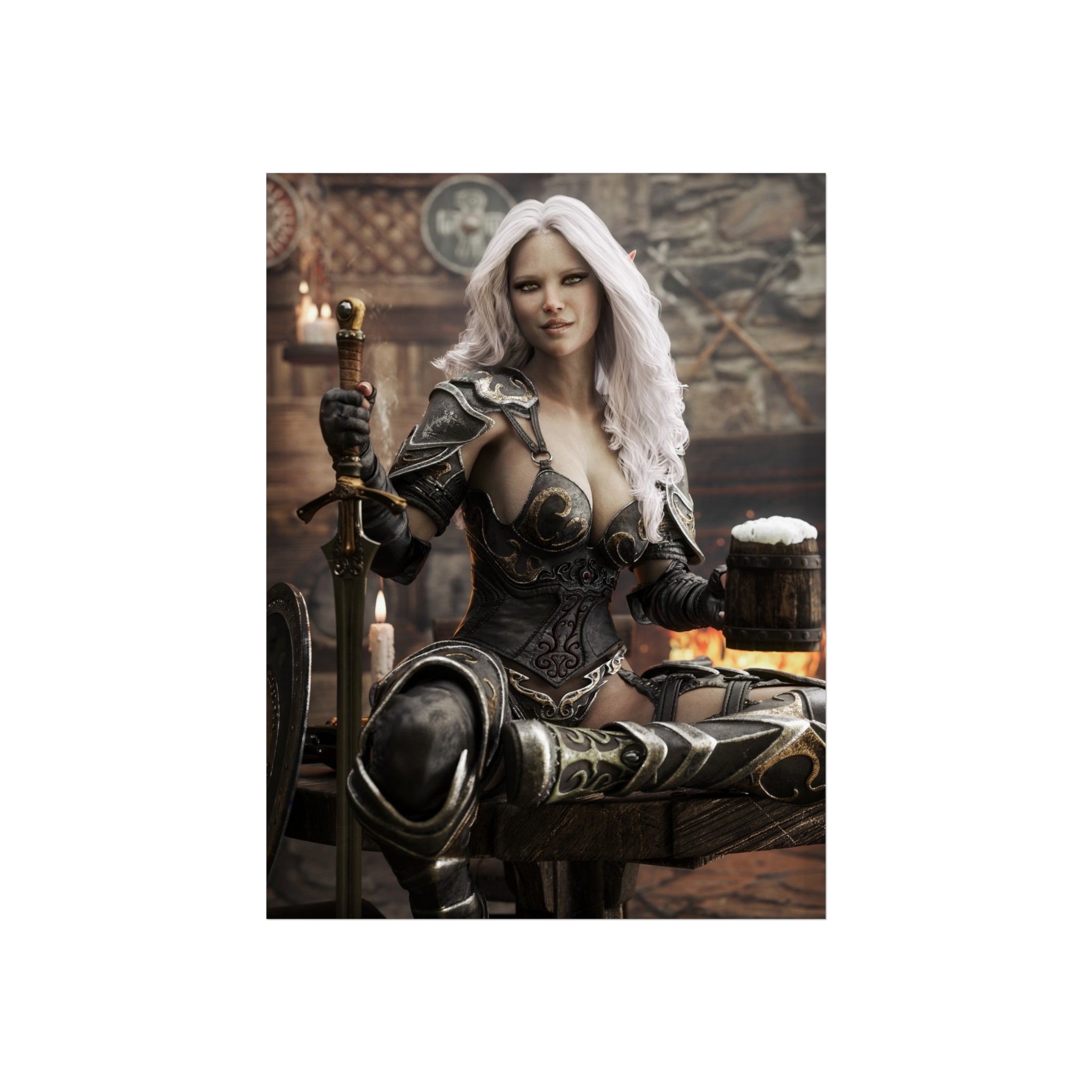 Fantasy Warrior Woman Fine Art Poster — Armored Dark elf Tavern Scene- No AI- Human created illustraion