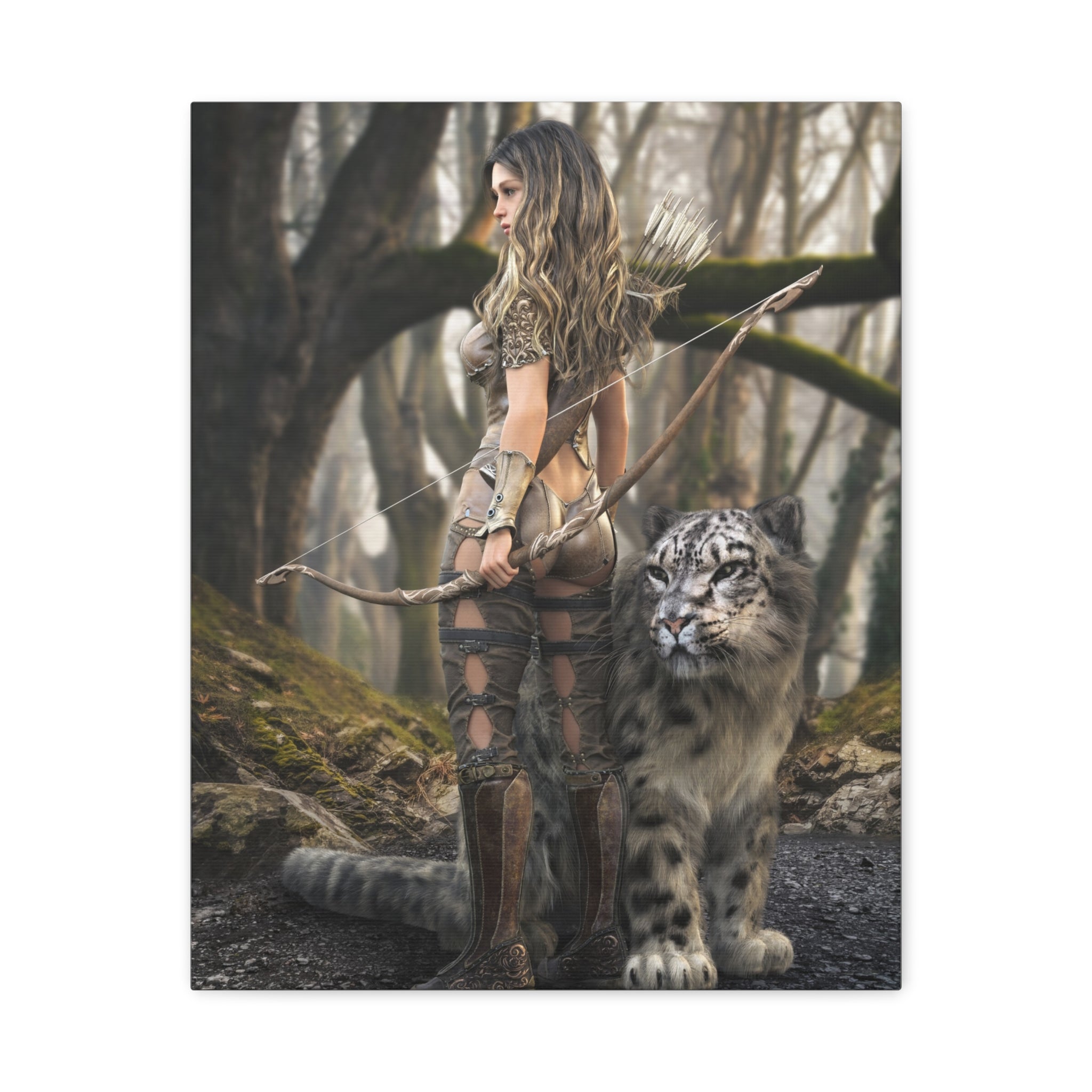 Fantasy Archer Warrior with  Leopard - Matte Stretched Canvas Wall Art - No ai - human created illustration art.