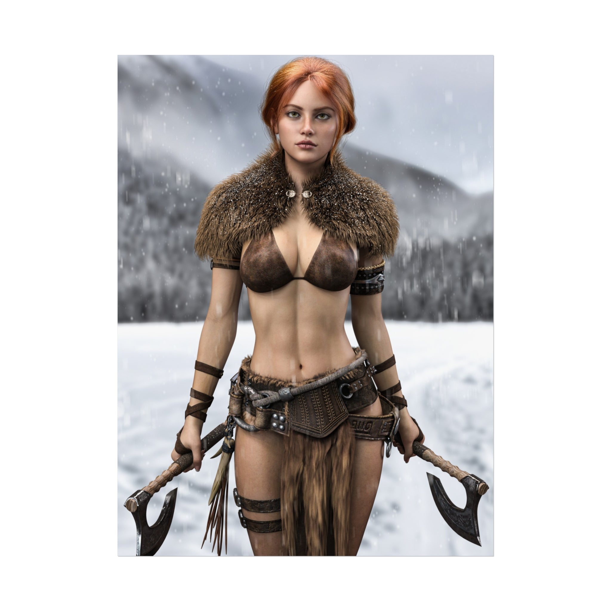 Viking Warrior Woman Fine Art Poster — Red-Haired Norse Axe Fighter Print- No AI- Human created illustration art