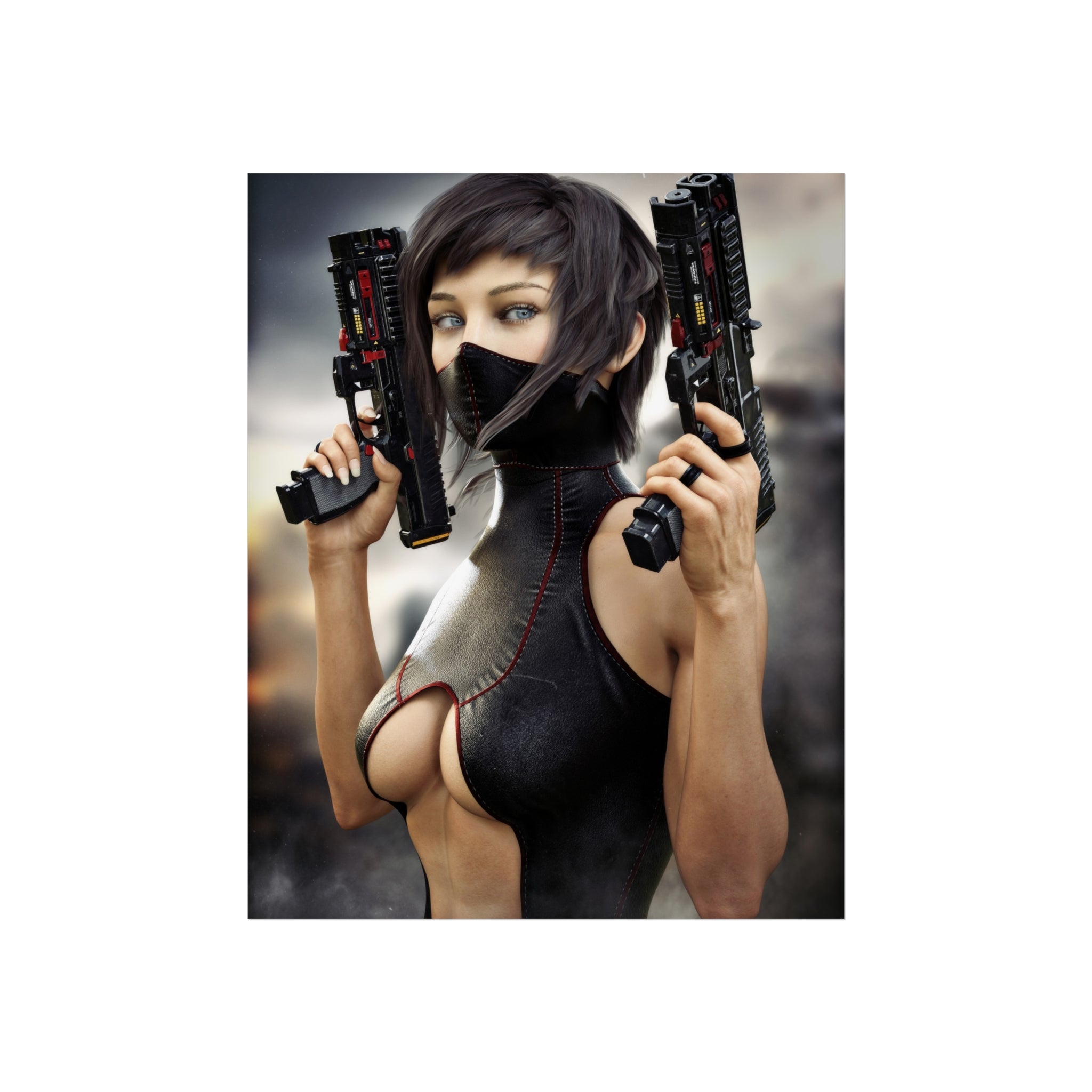 Cyberpunk Assassin Fine Art Poster — Futuristic Female Gunslinger Wall Art- No AI -Human created illustration art