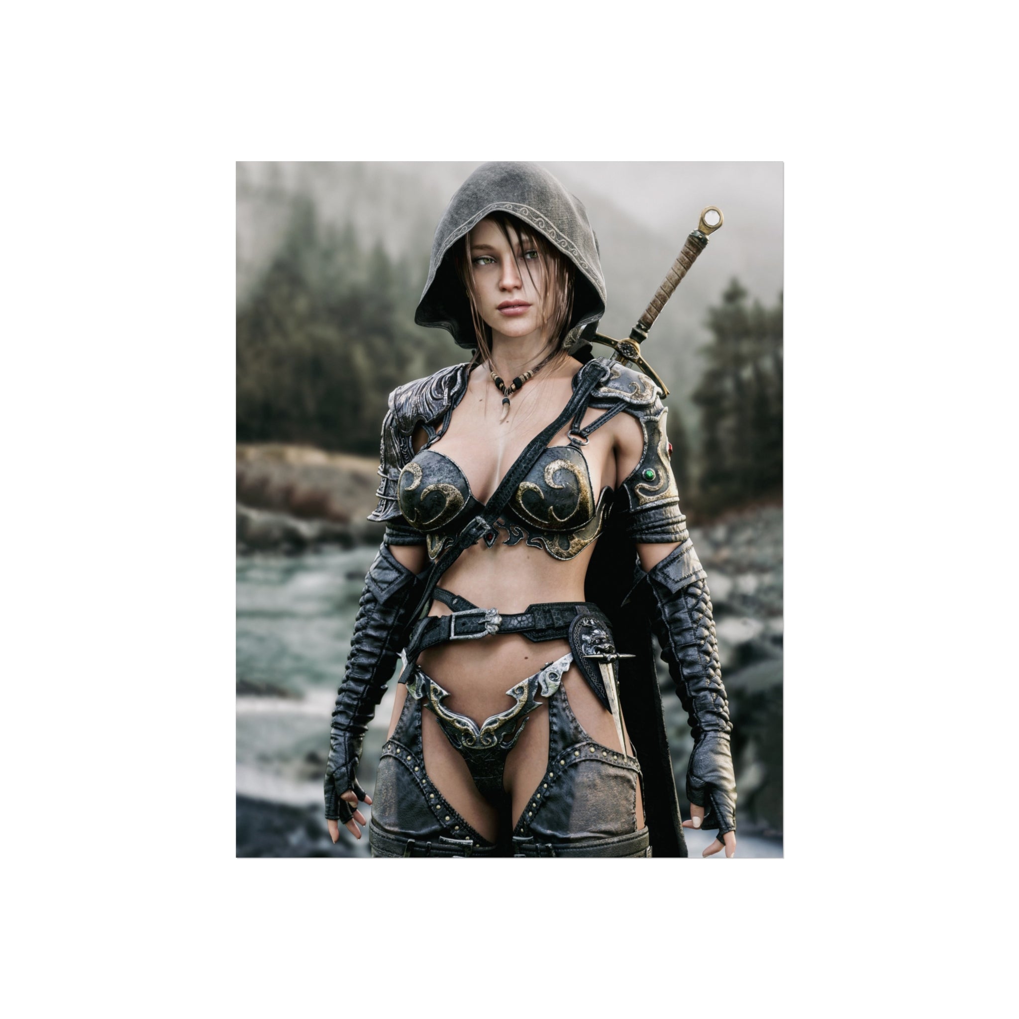Fantasy Warrior Fine Art Poster — Hooded Female Swordfighter Print - No AI- Human created illustration art