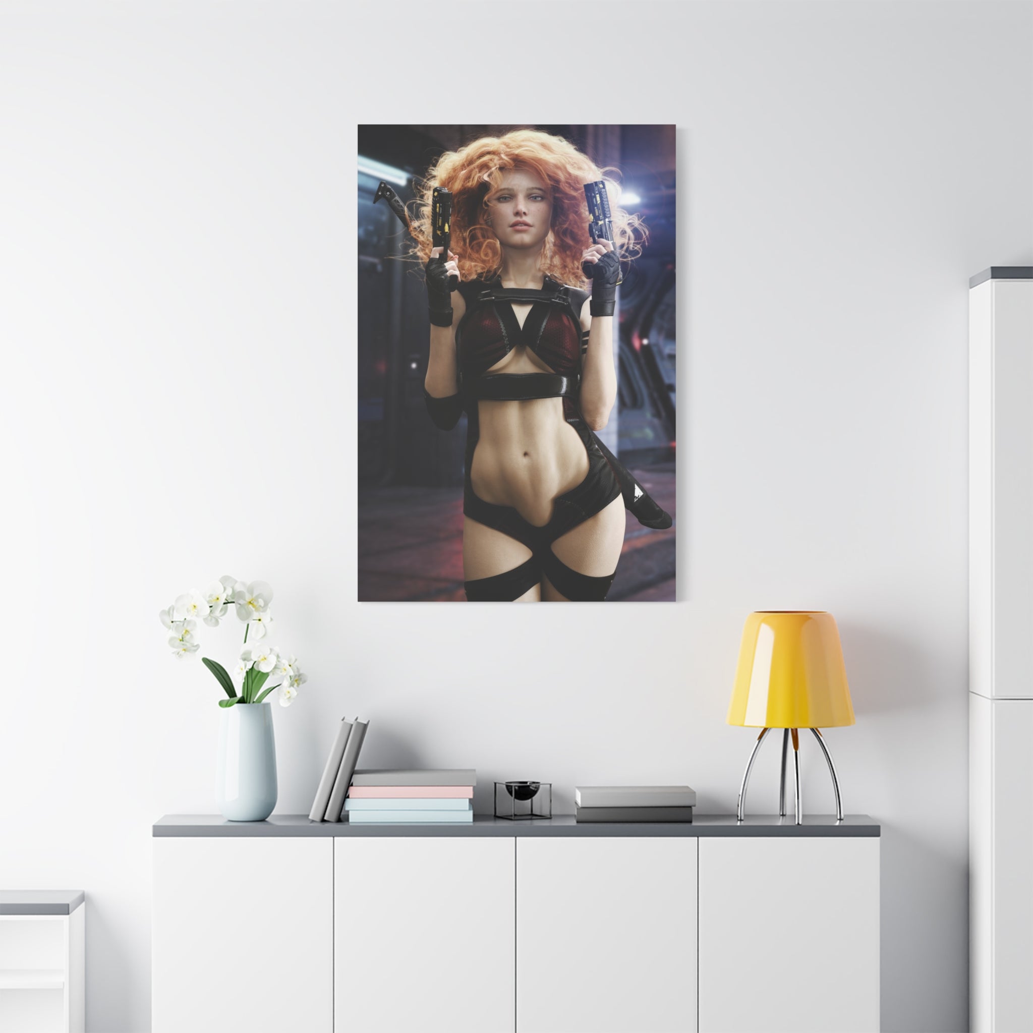 Sci‑Fi Femme Fatale Canvas Print — Red‑Haired Space Gunslinger Matte Stretched- No AI - Human created illustration art