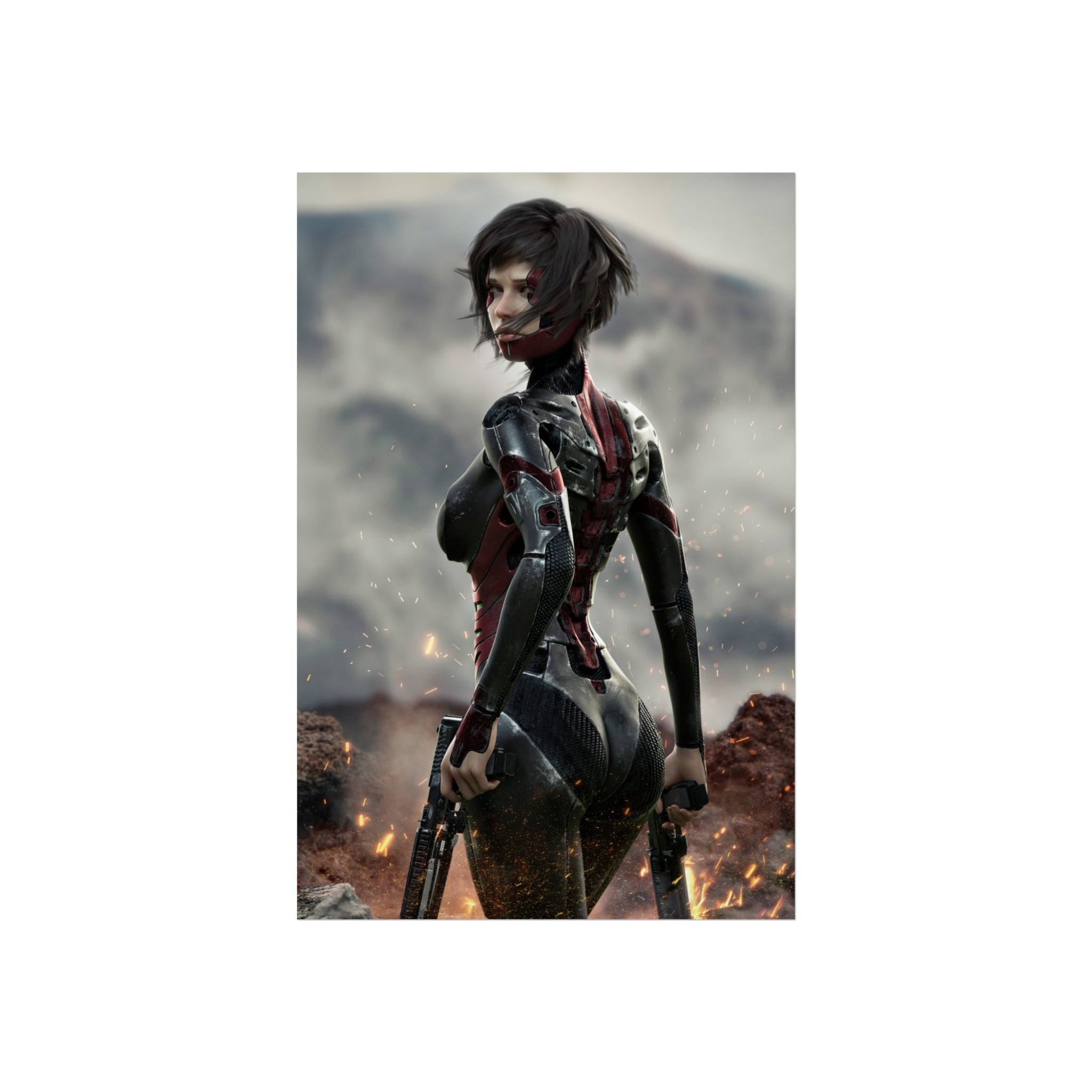 Sci‑Fi Warrior Fine Art Poster — Cybernetic Female Soldier Wall Art- No AI - Human created illustration art