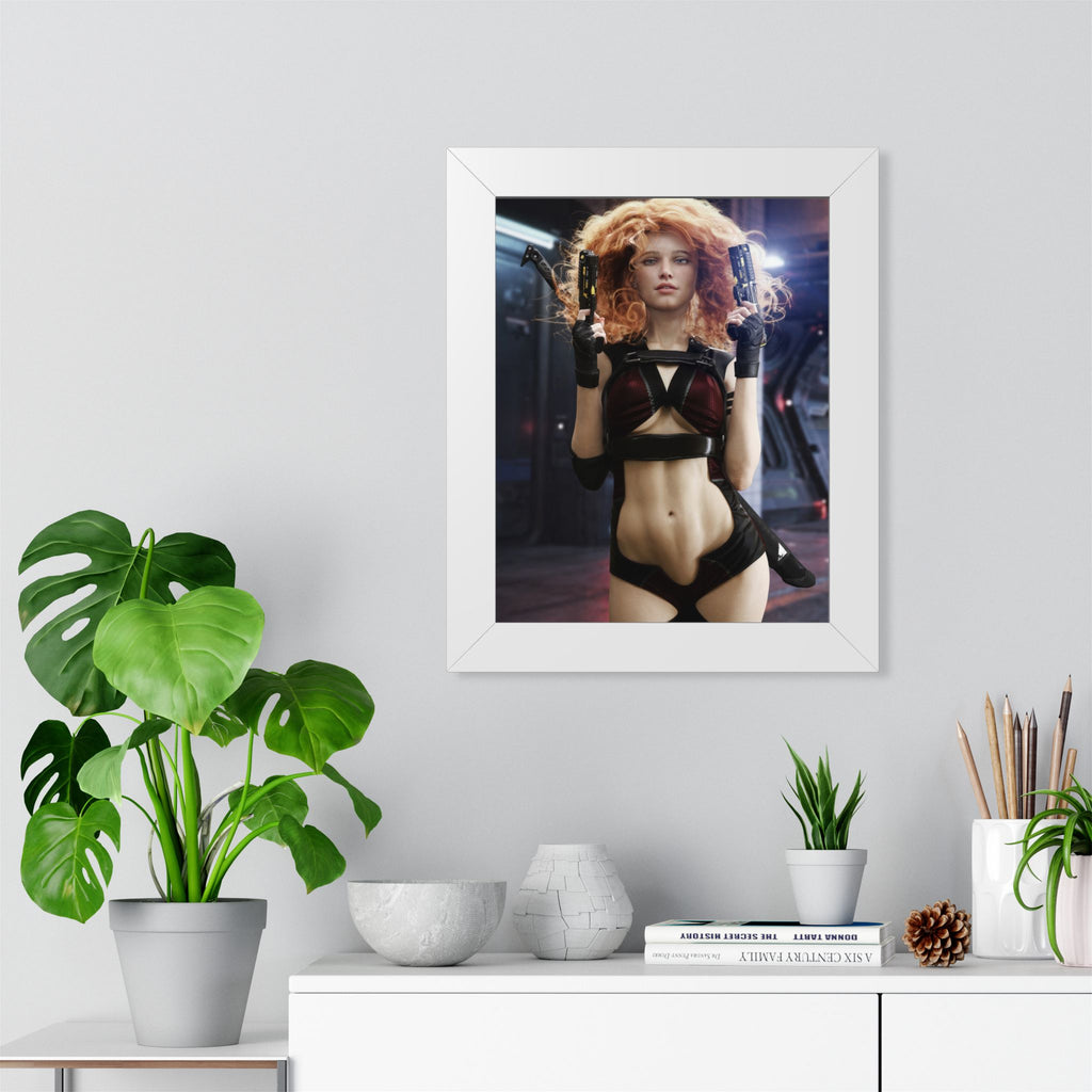Sci‑Fi Femme Fatale Framed Poster — Cyberpunk Redhead with Dual Blasters- No AI- Human created illustration art