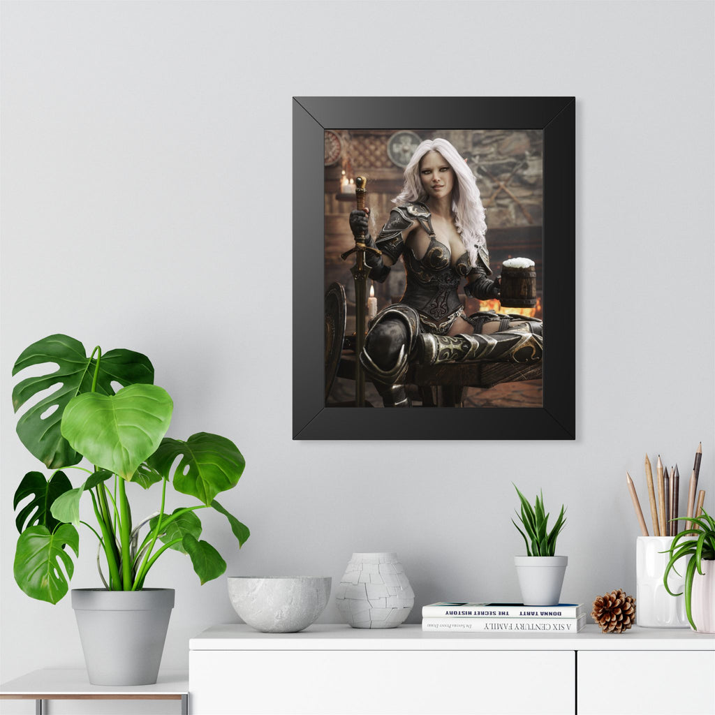 Fantasy Warrior Woman Framed Poster — Medieval Armor in Tavern Art Print- No AI- Human created illustration art