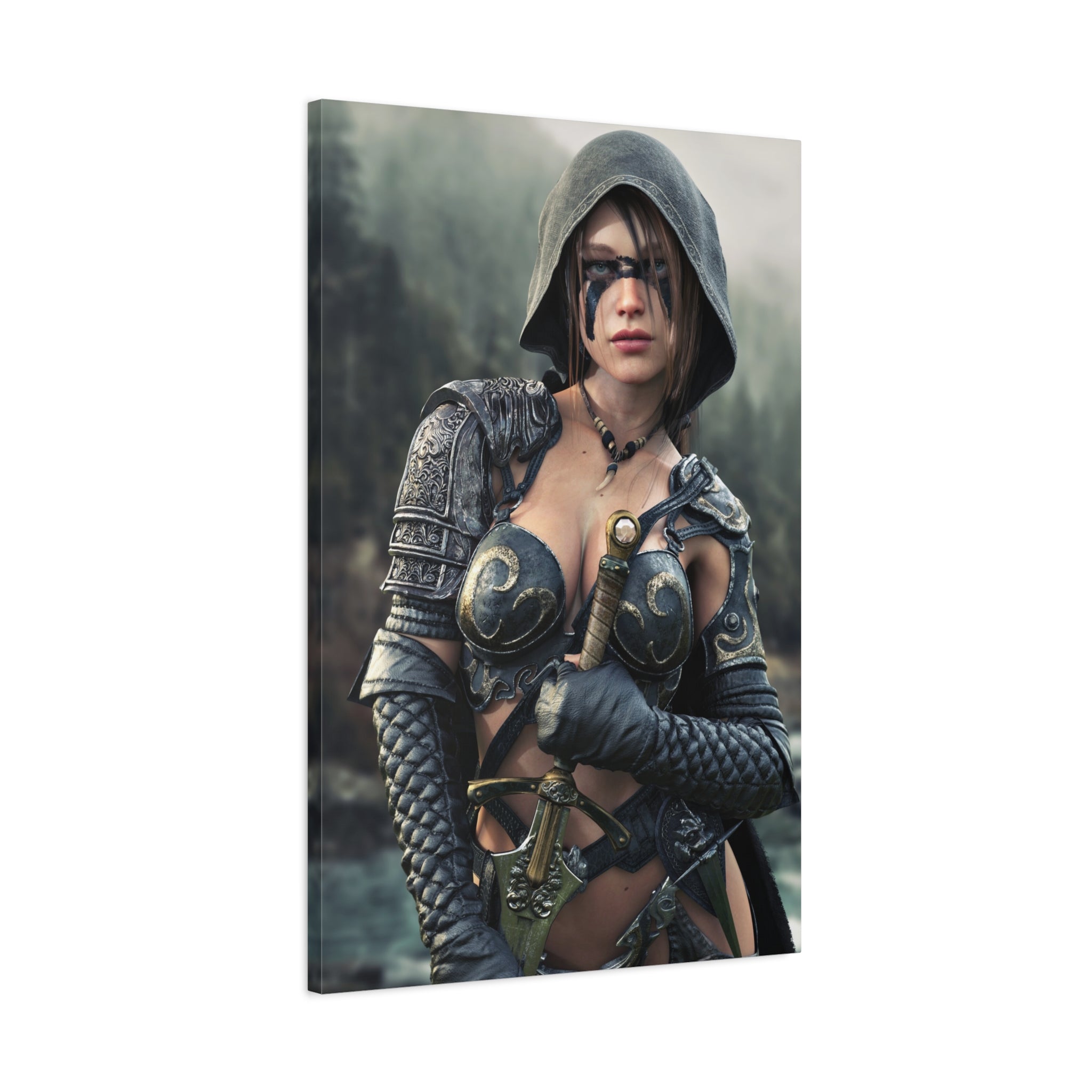 Fantasy ranger wall art featuring a hooded female warrior with face paint, ornate armor, and sword against a misty forest backdrop for fantasy decor.