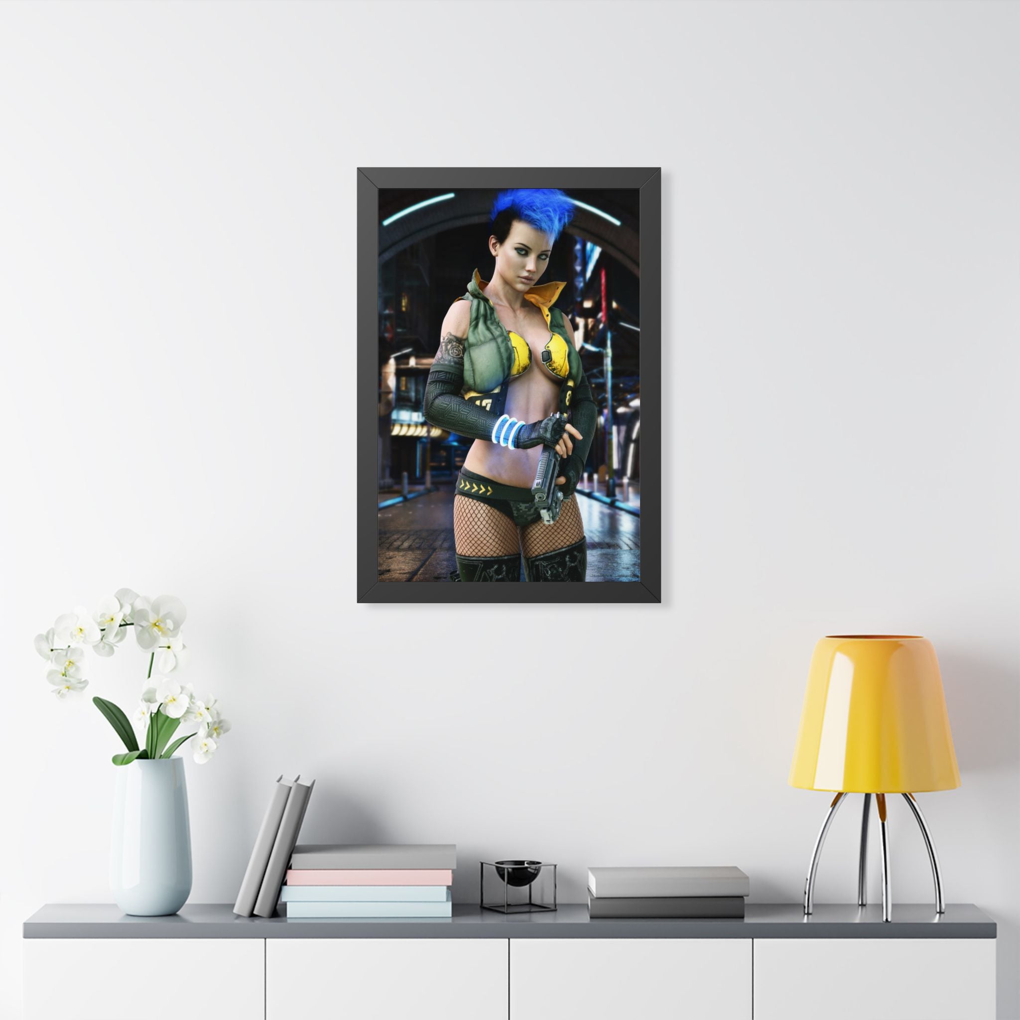 Cyberpunk Bounty Hunter Framed Poster — Futuristic Sci‑Fi Wall Art- No AI- Human created illustration art