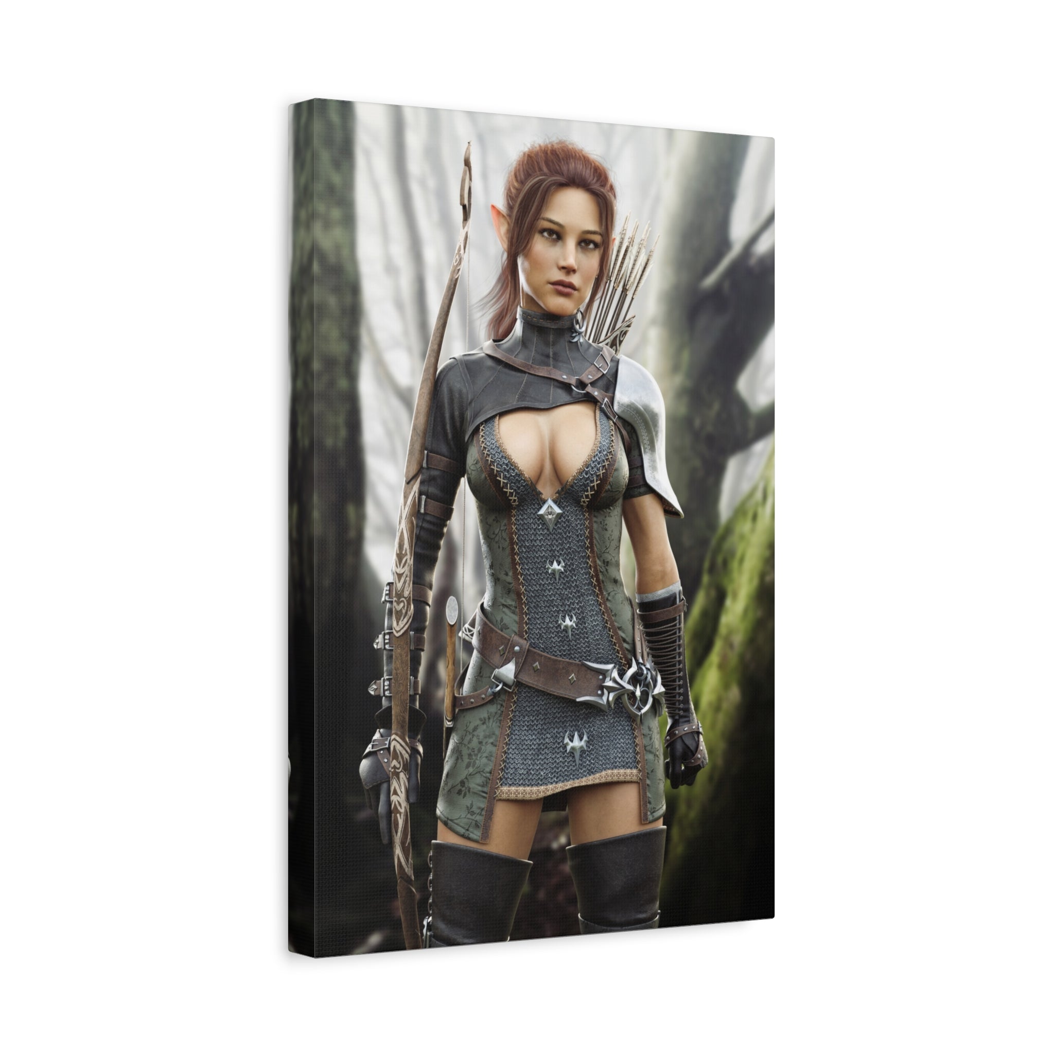 Fantasy Wood Elf Archer Warrior Canvas Print — Matte Stretched Wall Art - No Ai - human created illustration art