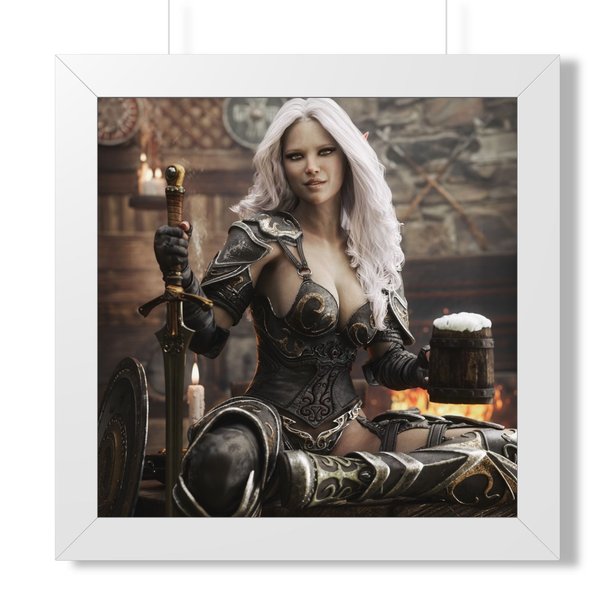 Fantasy Warrior Woman Framed Poster — Medieval Armor in Tavern Art Print- No AI- Human created illustration art