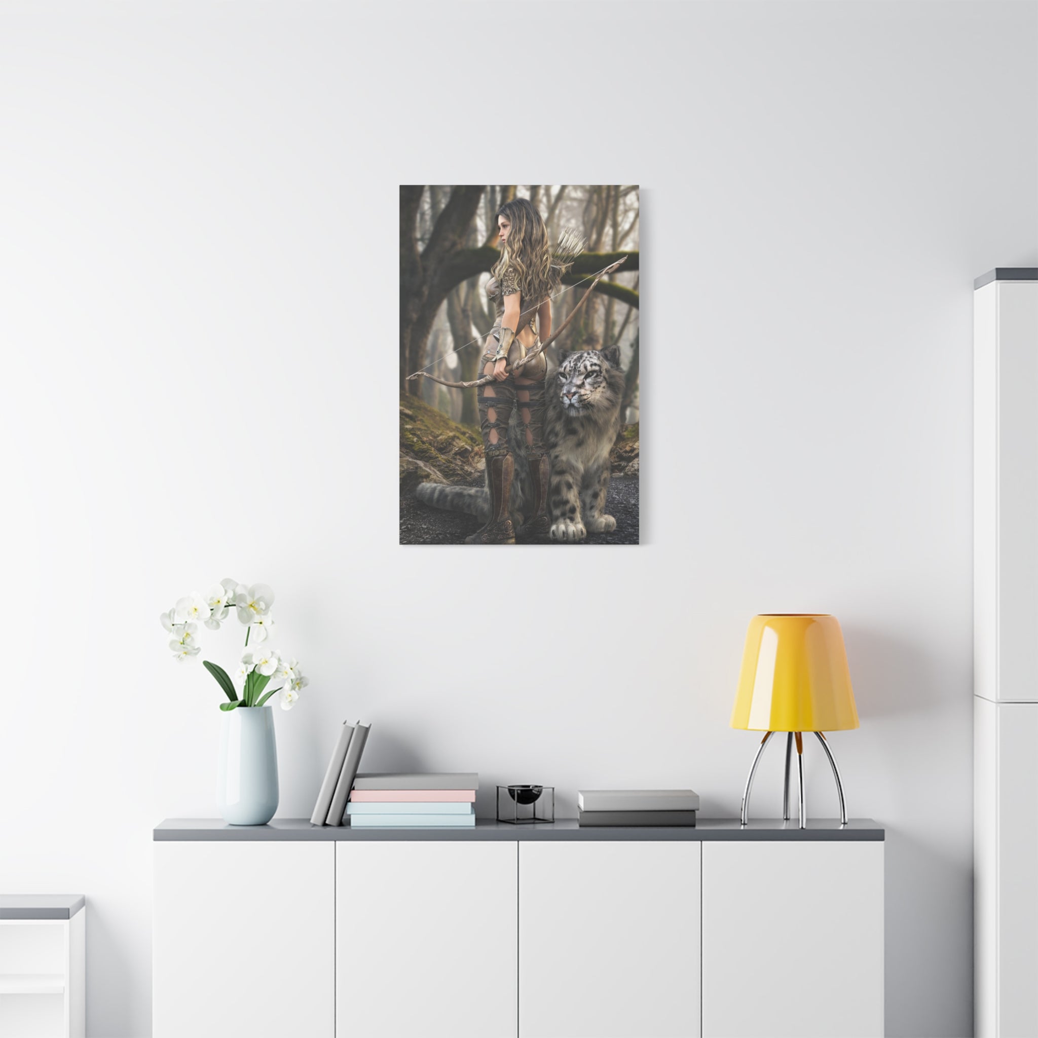 Fantasy Archer Warrior with  Leopard - Matte Stretched Canvas Wall Art - No ai - human created illustration art