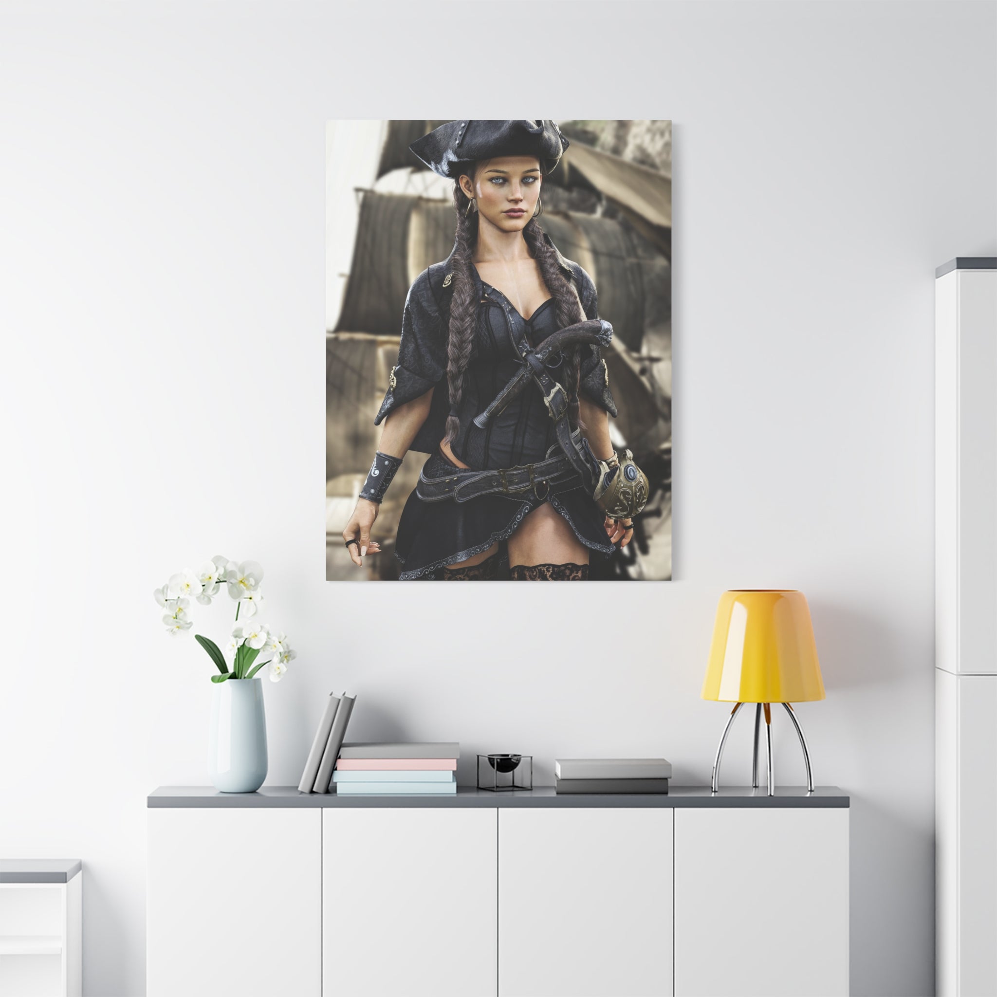 Pirate Captain Woman Matte Canvas Print — Stretched Wall Art - No AI - Human created illustration art