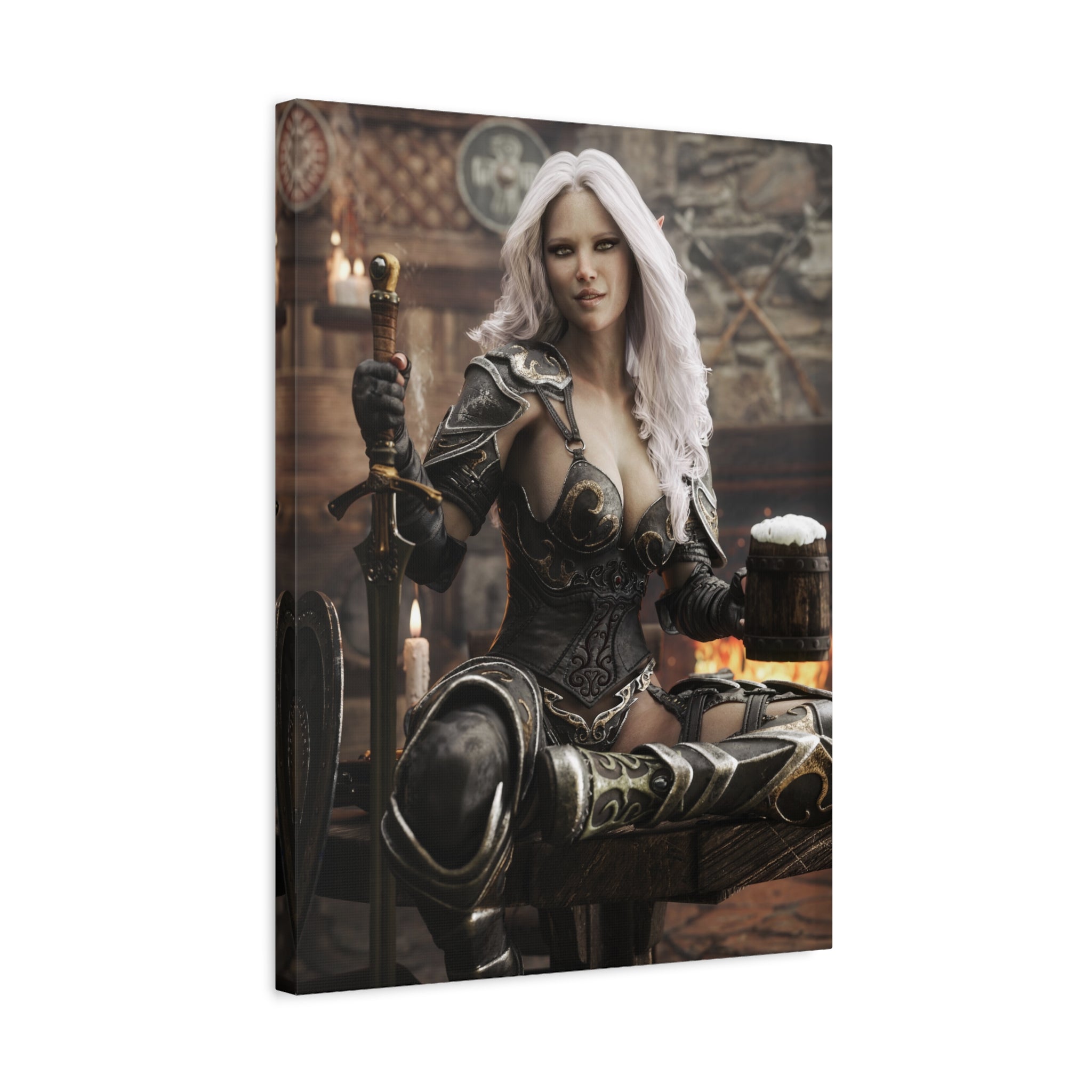 Fantasy Warrior Woman Canvas Print — Armored Dark elf in Tavern Portrait-No AI- Human created illustration art