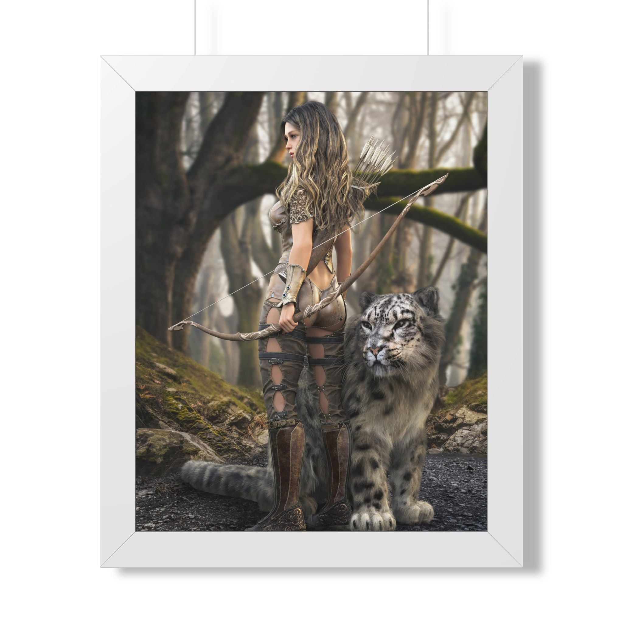 Framed Poster — Forest Huntress with Leopard Fantasy Art