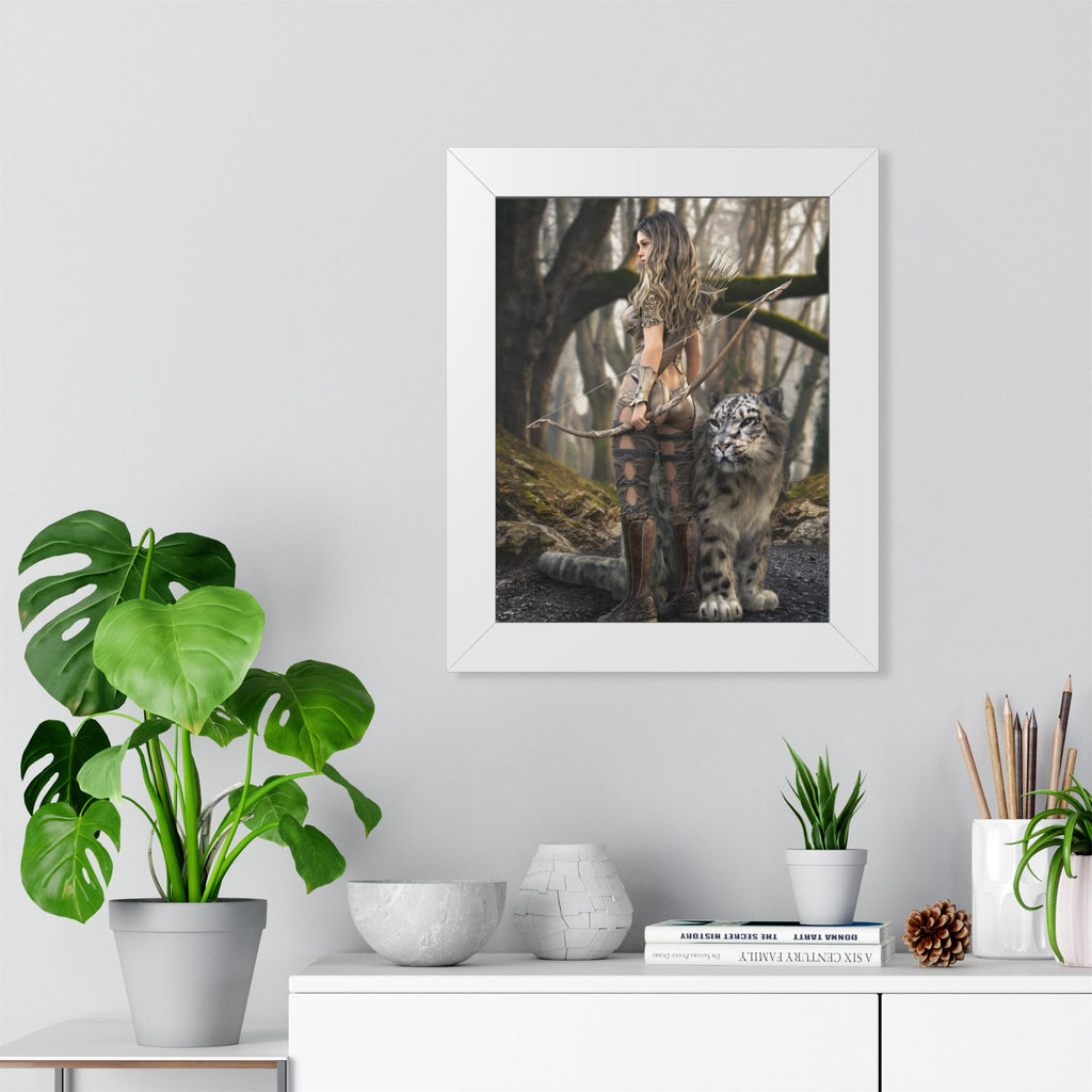 Framed Poster — Forest Huntress with Leopard Fantasy Art
