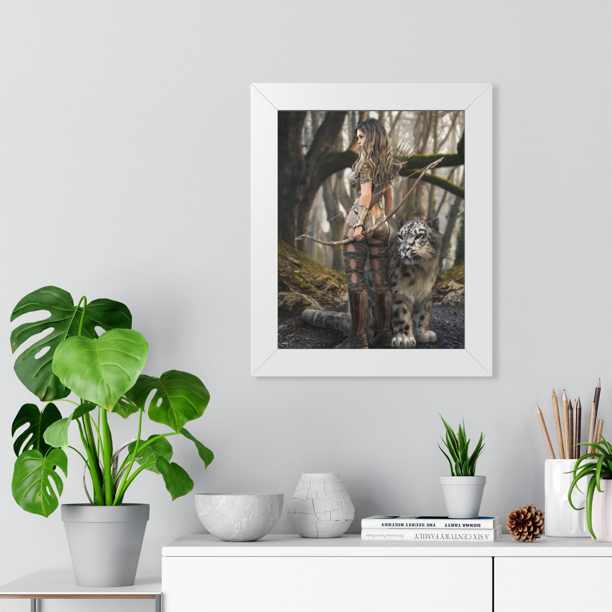 Framed Poster — Forest Huntress with Leopard Fantasy Art