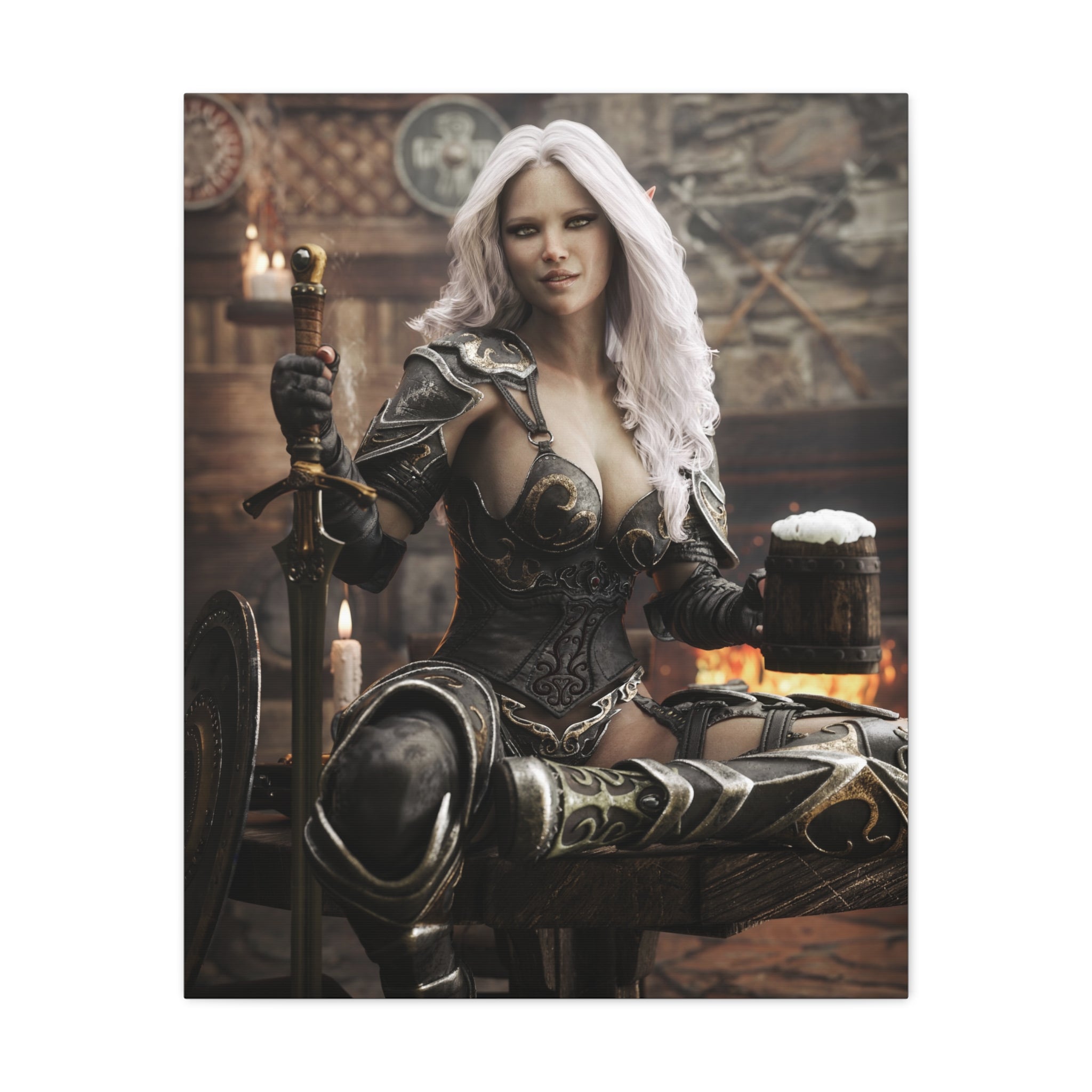 Fantasy Warrior Woman Canvas Print — Armored Dark elf in Tavern Portrait-No AI- Human created illustration art