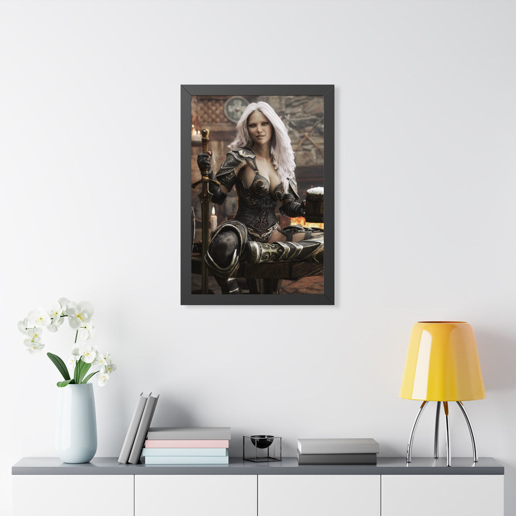 Fantasy Warrior Woman Framed Poster — Medieval Armor in Tavern Art Print- No AI- Human created illustration art