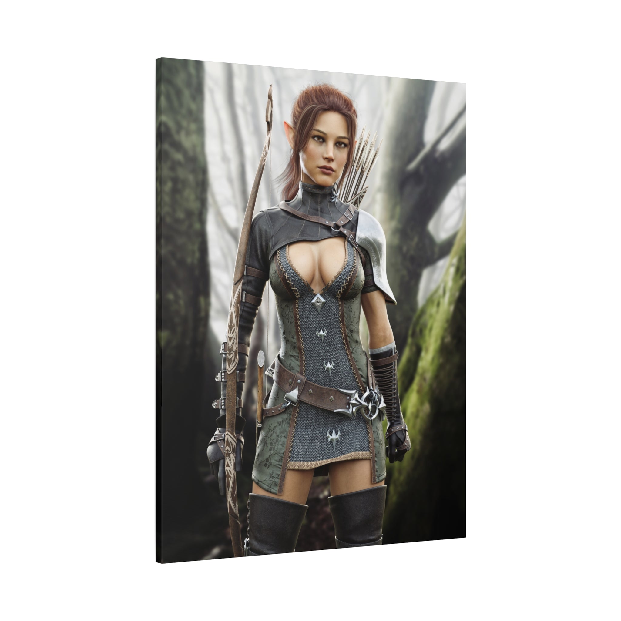 Fantasy Wood Elf Archer Warrior Canvas Print — Matte Stretched Wall Art - No Ai - human created illustration art