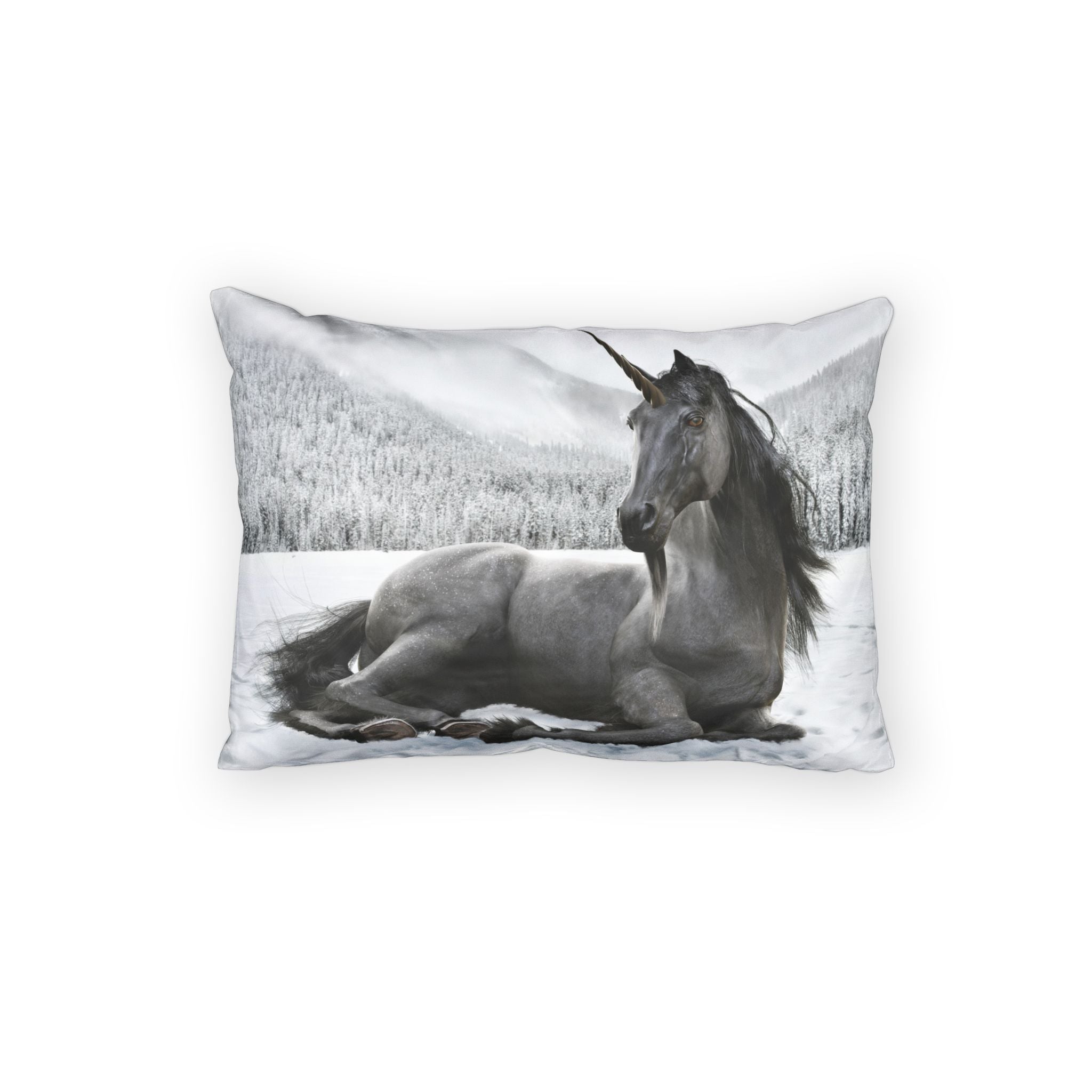 Einhorn im Schnee Baumwoll-Kissenbezug – Graues Fantasy-Pferd Zierkissenhülle