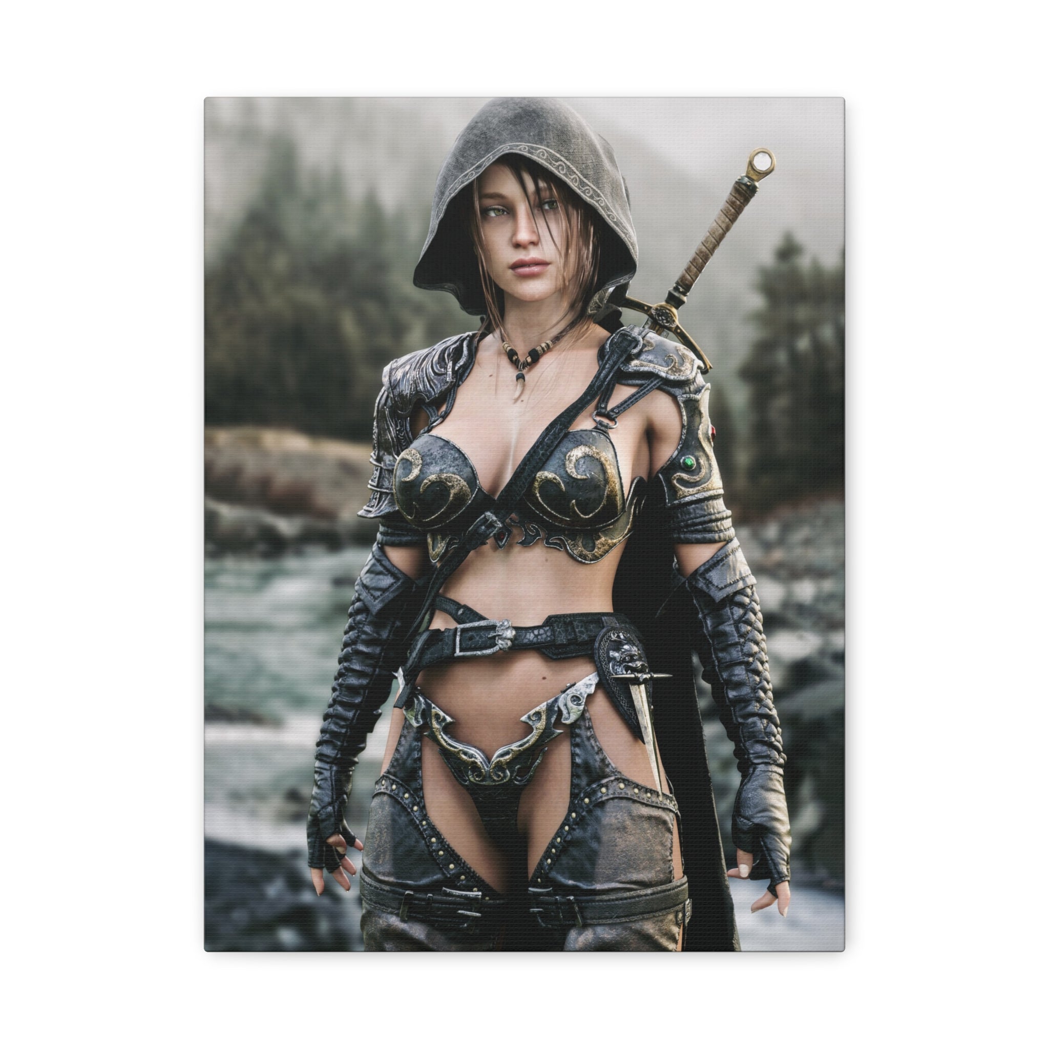 Female Warrior Ranger Fantasy Canvas Print - Matte Stretched Wall Art - No AI - Human created illustration art