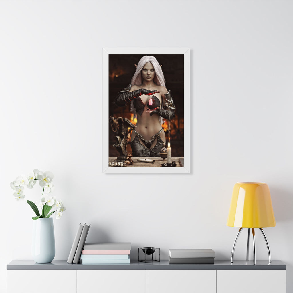 Framed Poster — Dark Fantasy Elf Sorceress with Glowing Orb- NO AI - Human made illustration