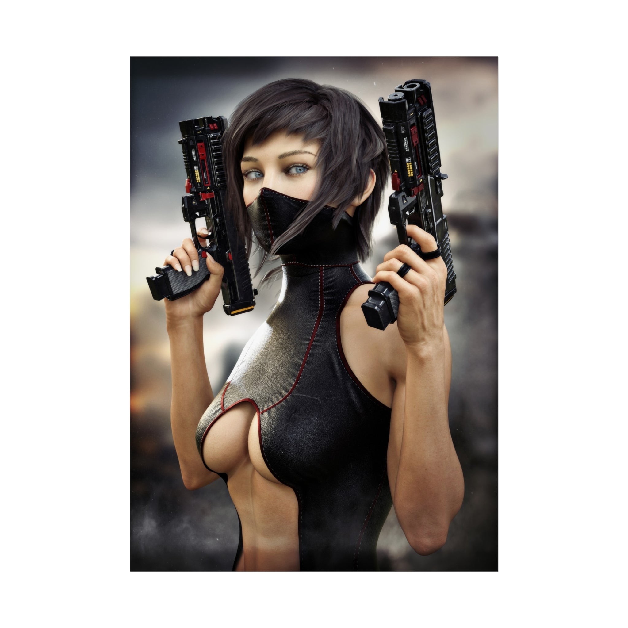Cyberpunk Assassin Fine Art Poster — Futuristic Female Gunslinger Wall Art- No AI -Human created illustration art