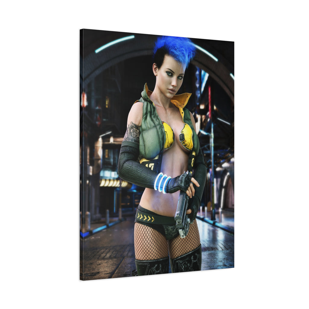 Cyberpunk Femme Fatale Canvas Print — Matte Stretched Wall Art -No AI- Human created illustration art