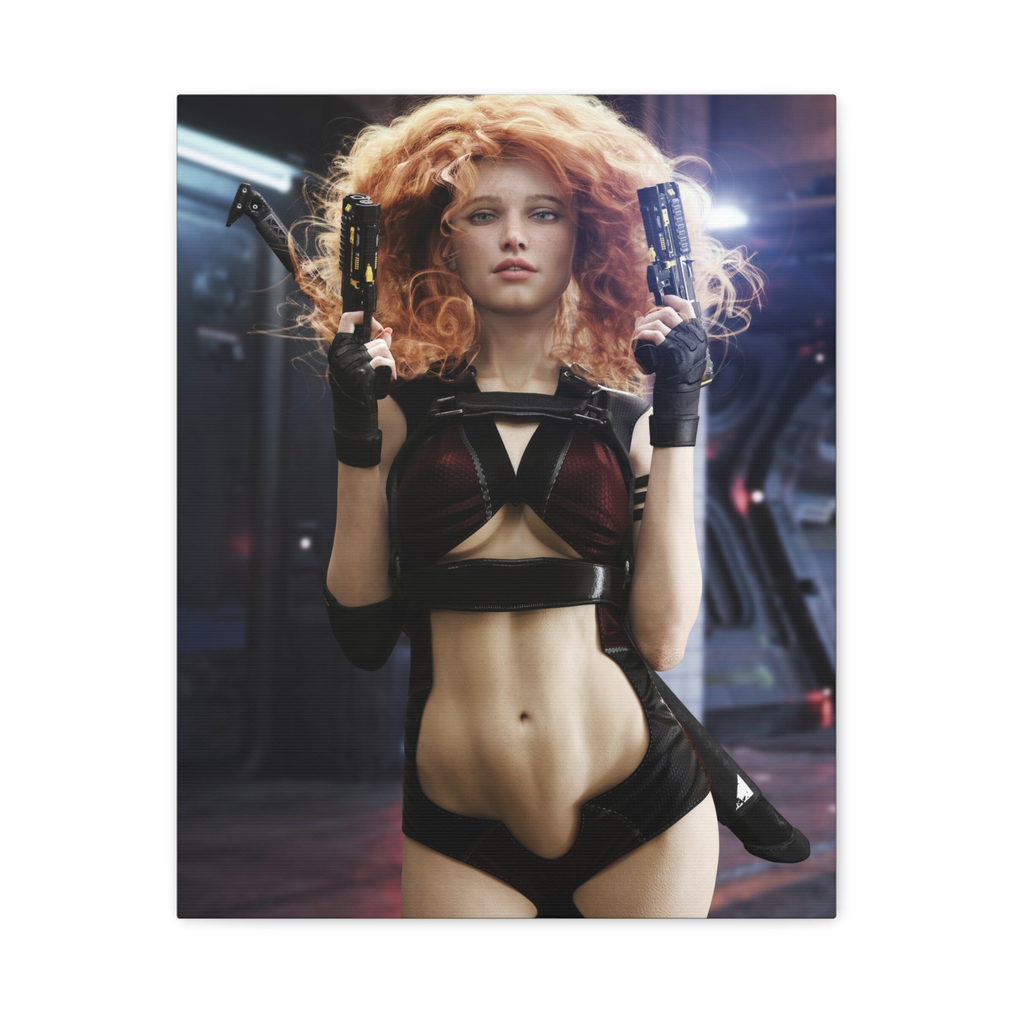 Sci‑Fi Femme Fatale Canvas Print — Red‑Haired Space Gunslinger Matte Stretched- No AI - Human created illustration art