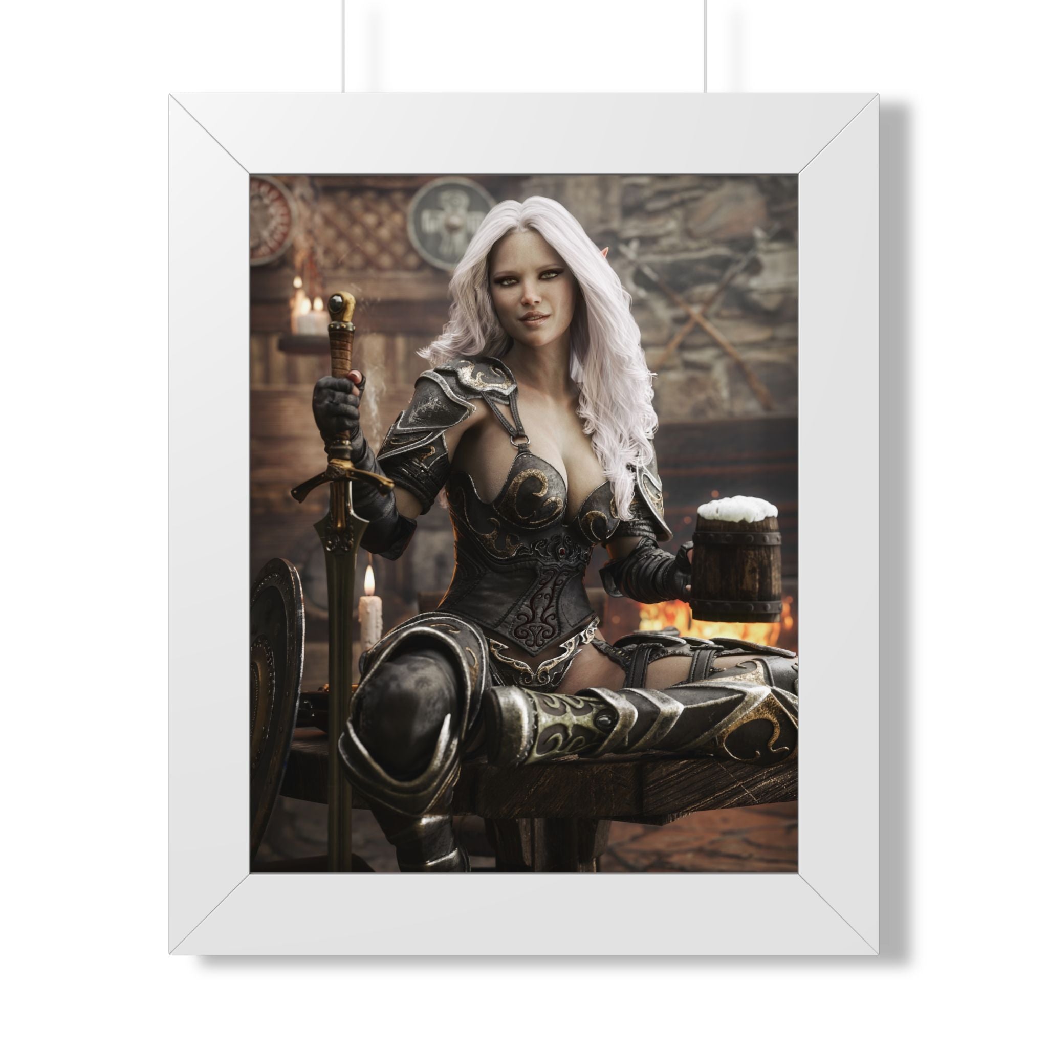 Fantasy Warrior Woman Framed Poster — Medieval Armor in Tavern Art Print- No AI- Human created illustration art