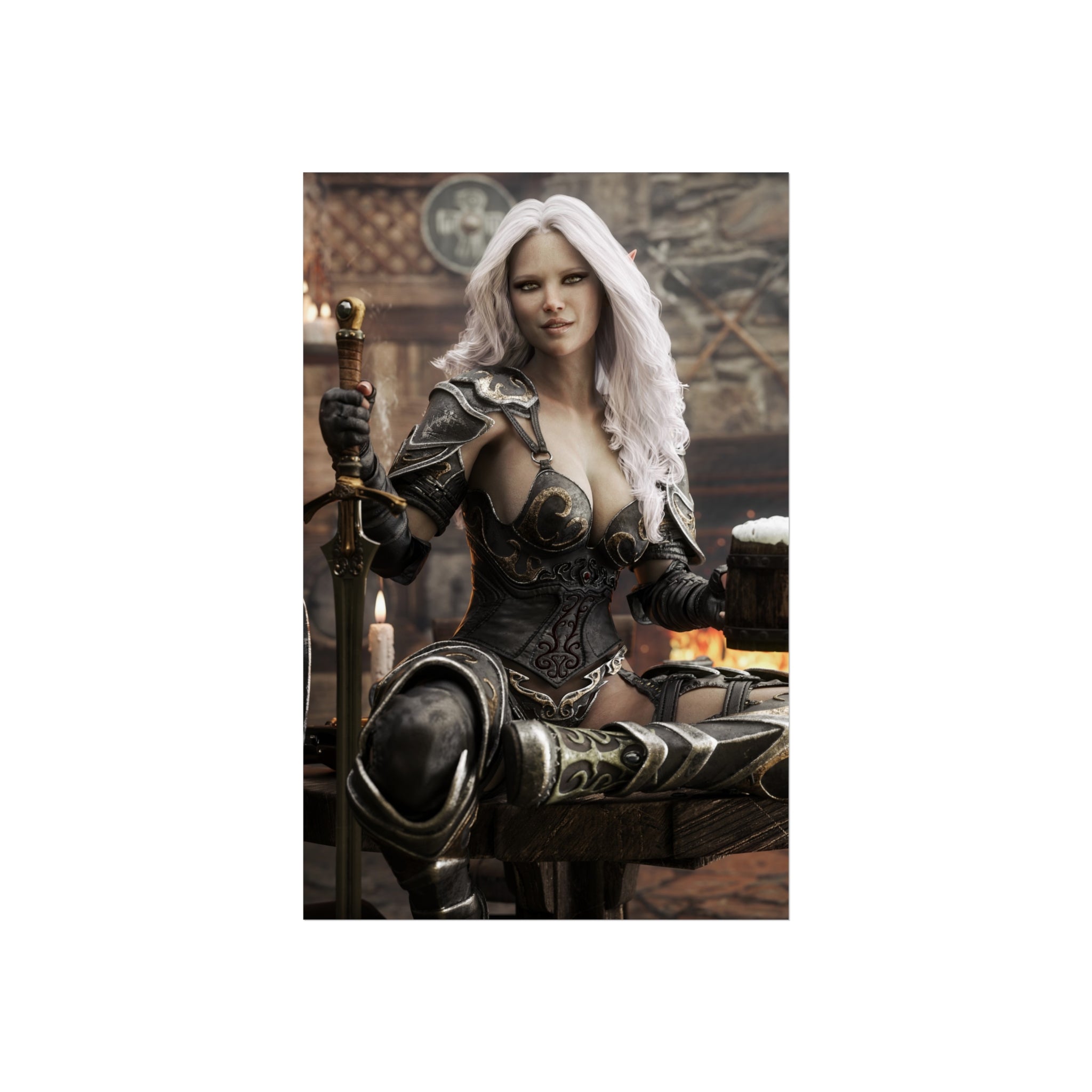 Fantasy Warrior Woman Fine Art Poster — Armored Dark elf Tavern Scene- No AI- Human created illustraion