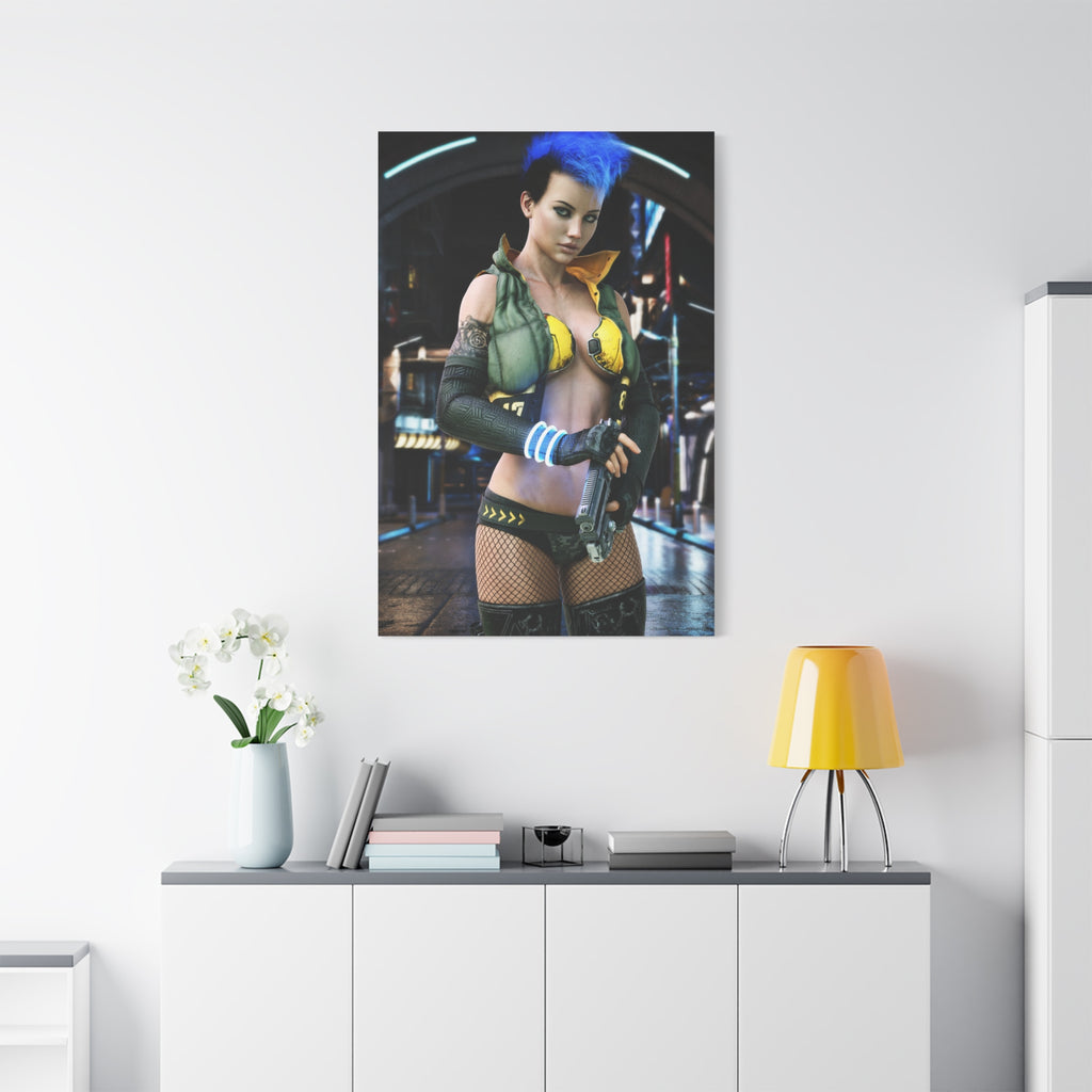 Cyberpunk Femme Fatale Canvas Print — Matte Stretched Wall Art -No AI- Human created illustration art