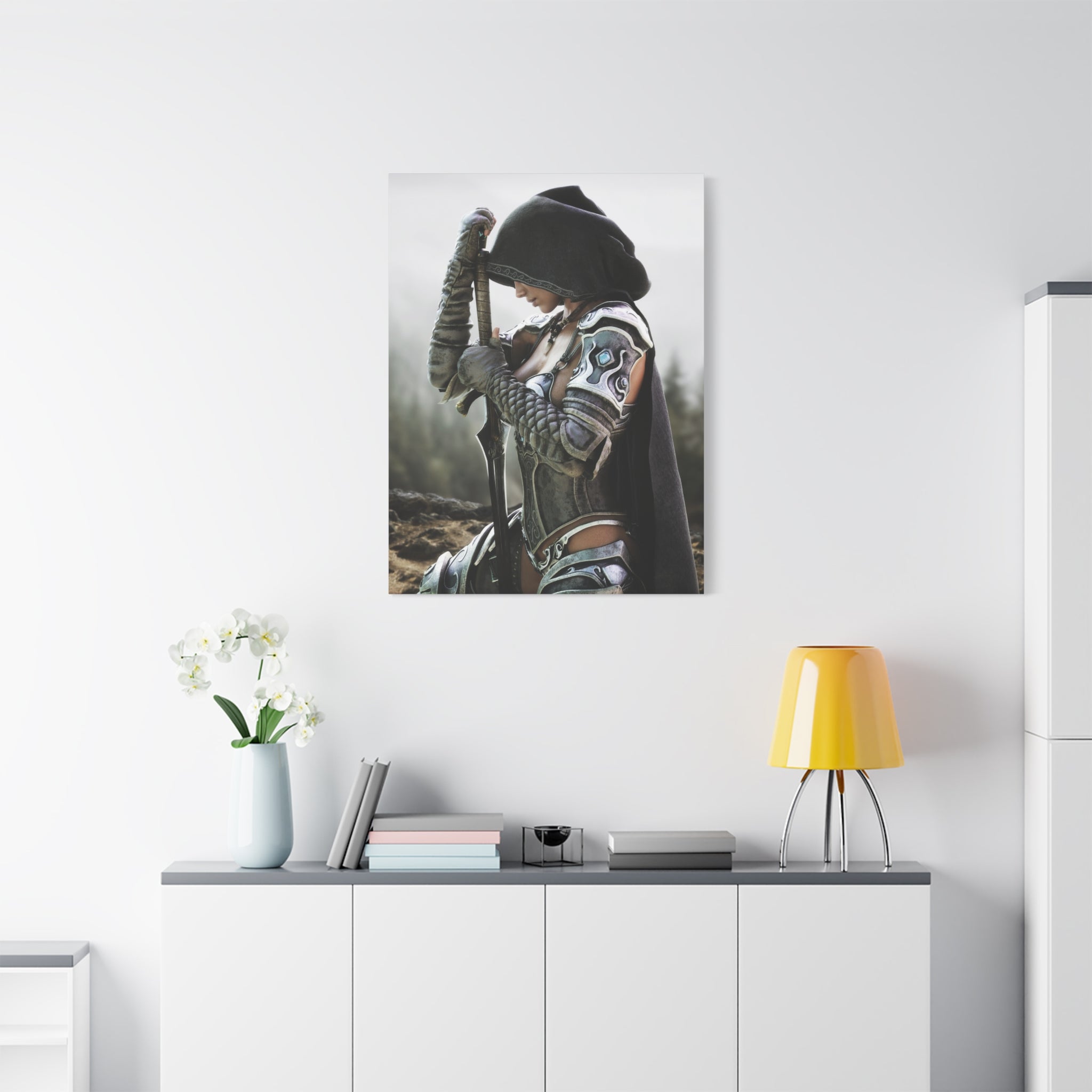 Fantasy Warrior Canvas Print — Hooded Female Knight Matte Stretched Wall Art- No AI- Human created fantasy art