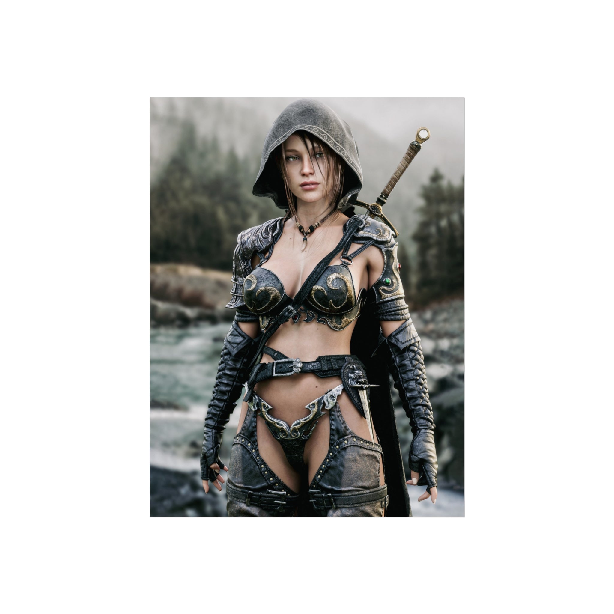 Fantasy Warrior Fine Art Poster — Hooded Female Swordfighter Print - No AI- Human created illustration art