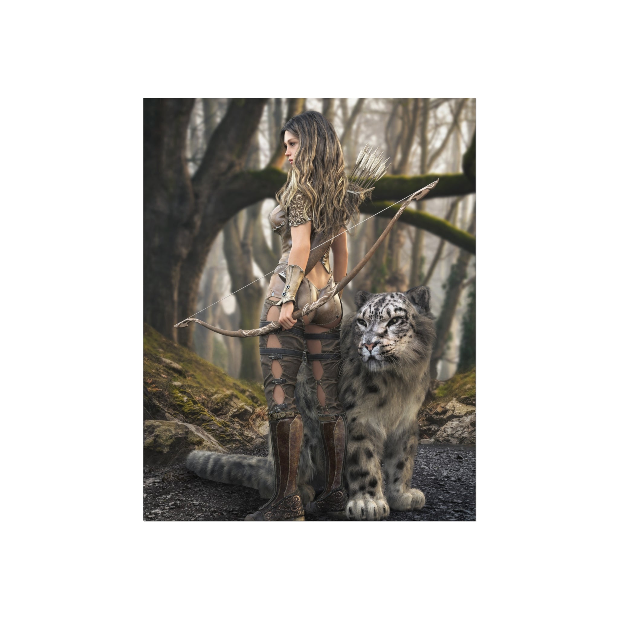 Warrior Archer &  leopard Fine Art Poster - Fantasy Forest Wall Art