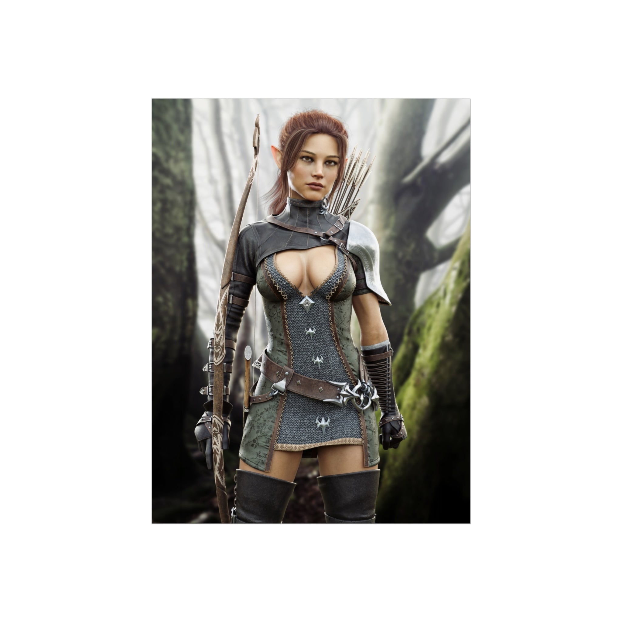 Fantasy Wood Elf Archer Warrior Fine Art Poster — Female Ranger Wall Art- No AI- Human created illustration art