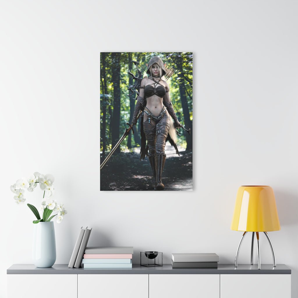 A hand-crafted fantasy illustration of a female elf warrior walking through an enchanted forest wearing a hooded cloak and detailed leather armor. She carries an ornate longsword, fantasy bow, and quiver of arrows while cinematic lighting and lush woodland scenery create an immersive fantasy adventure.
