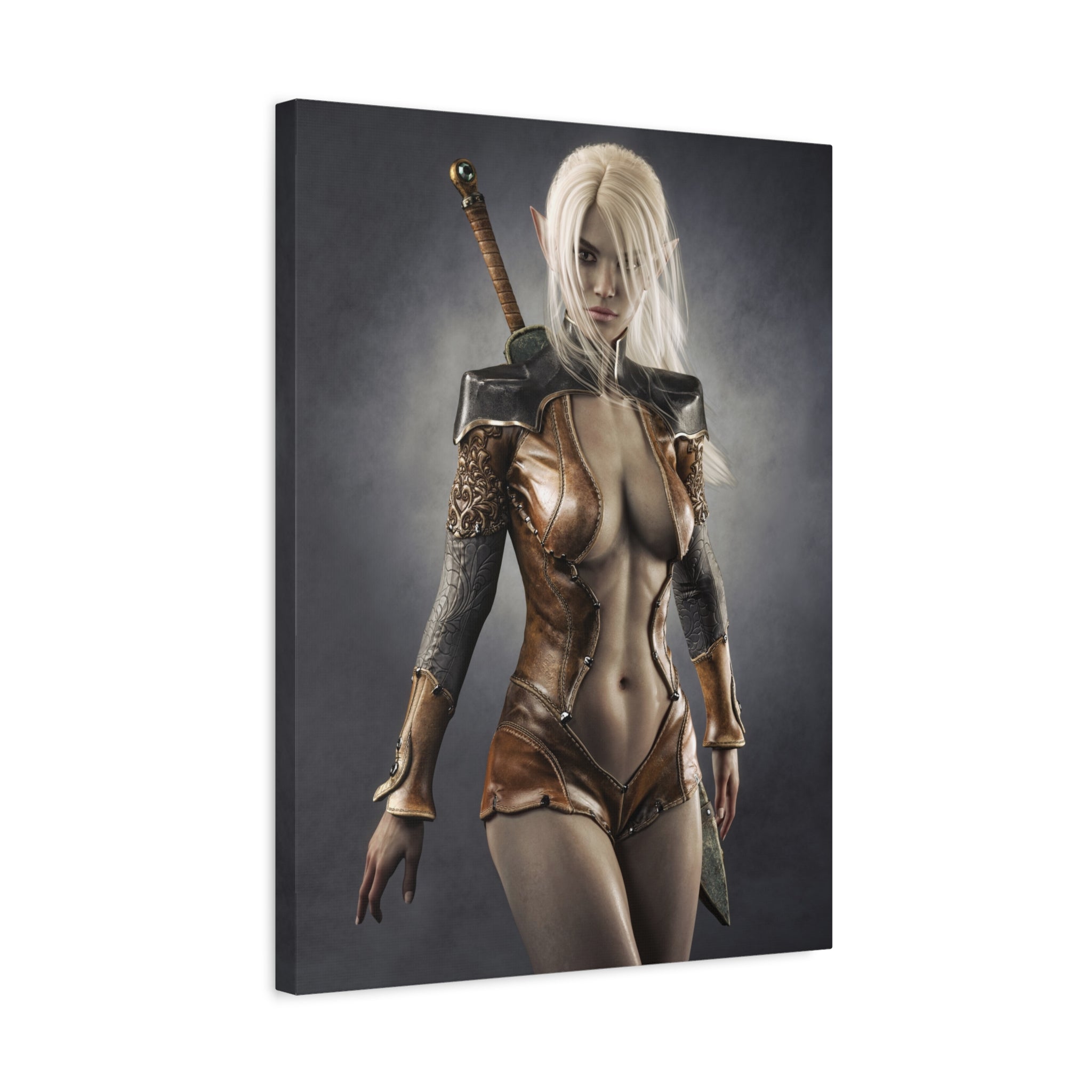 Fantasy Warrior Elf Canvas Print — Sexy Female Swordfighter Matte Stretched Art- No AI- Human created illuration art