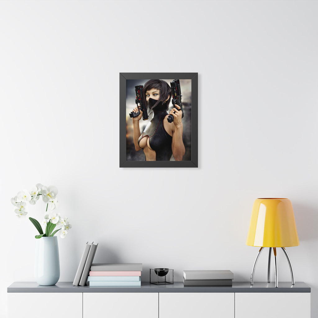 Framed Poster — Cyberpunk Female Assassin Art Print - No AI - Human created illustration art