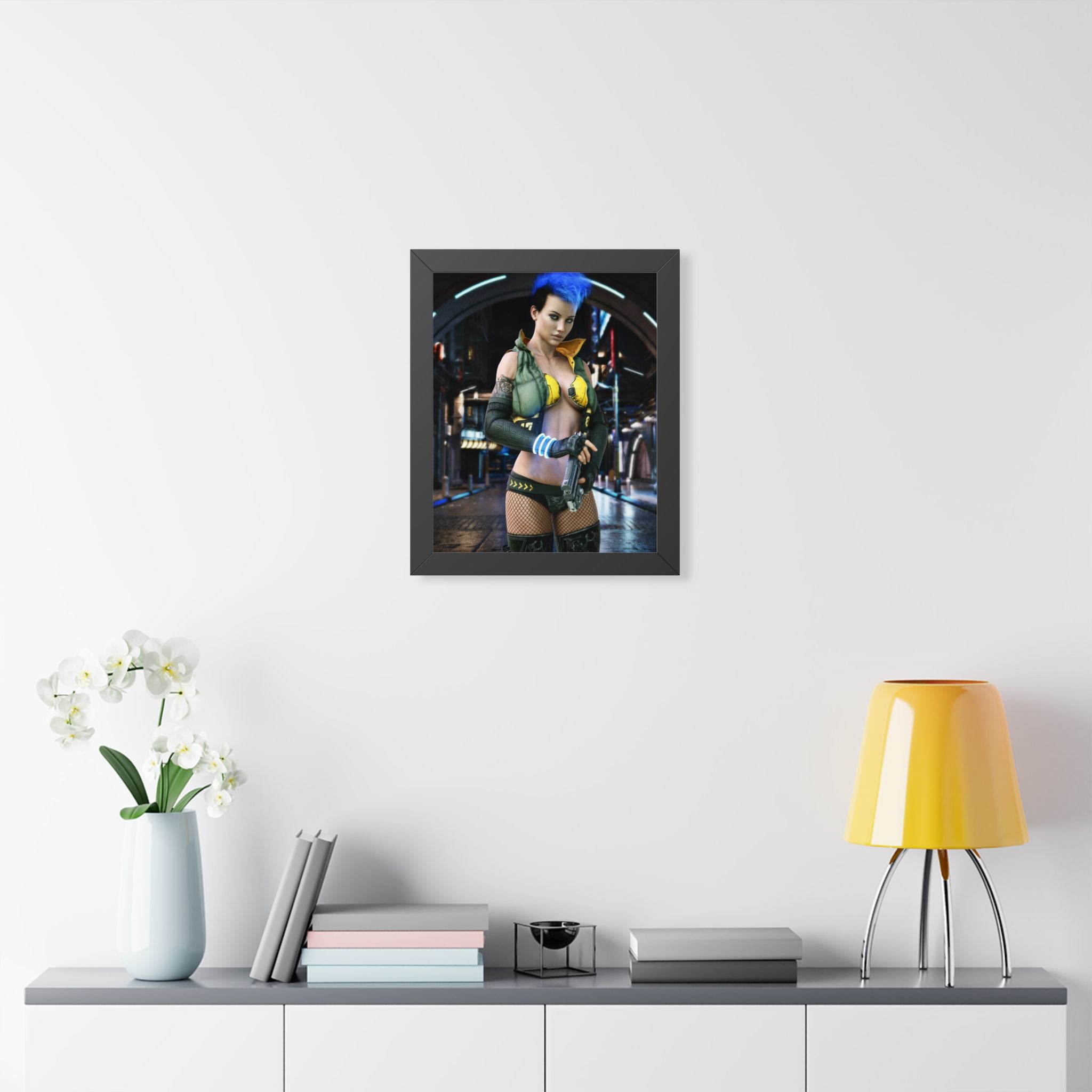 Cyberpunk Bounty Hunter Framed Poster — Futuristic Sci‑Fi Wall Art- No AI- Human created illustration art