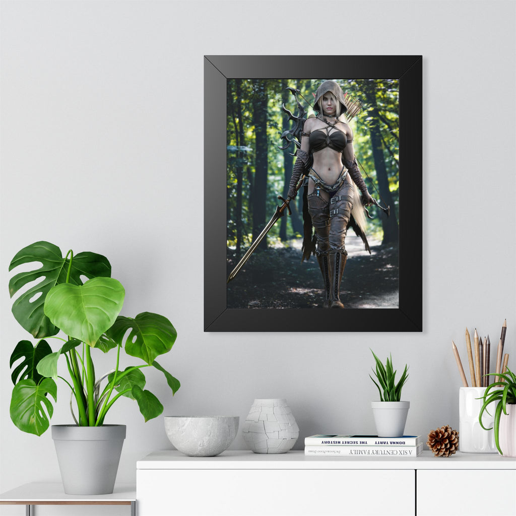 Framed Poster — Fantasy Forest Female Warrior Art Print- No AI- Human created illustration art