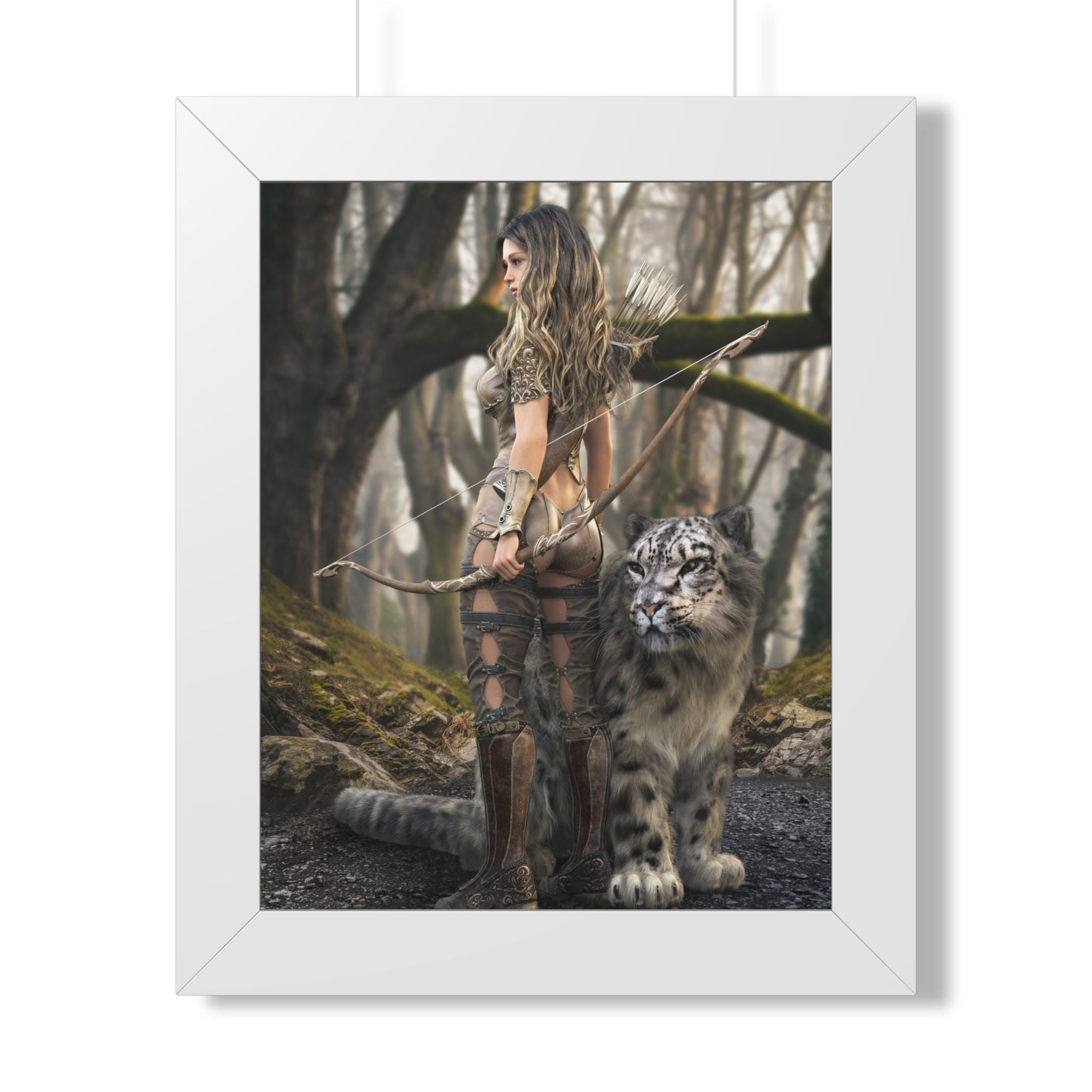 Framed Poster — Forest Huntress with Leopard Fantasy Art