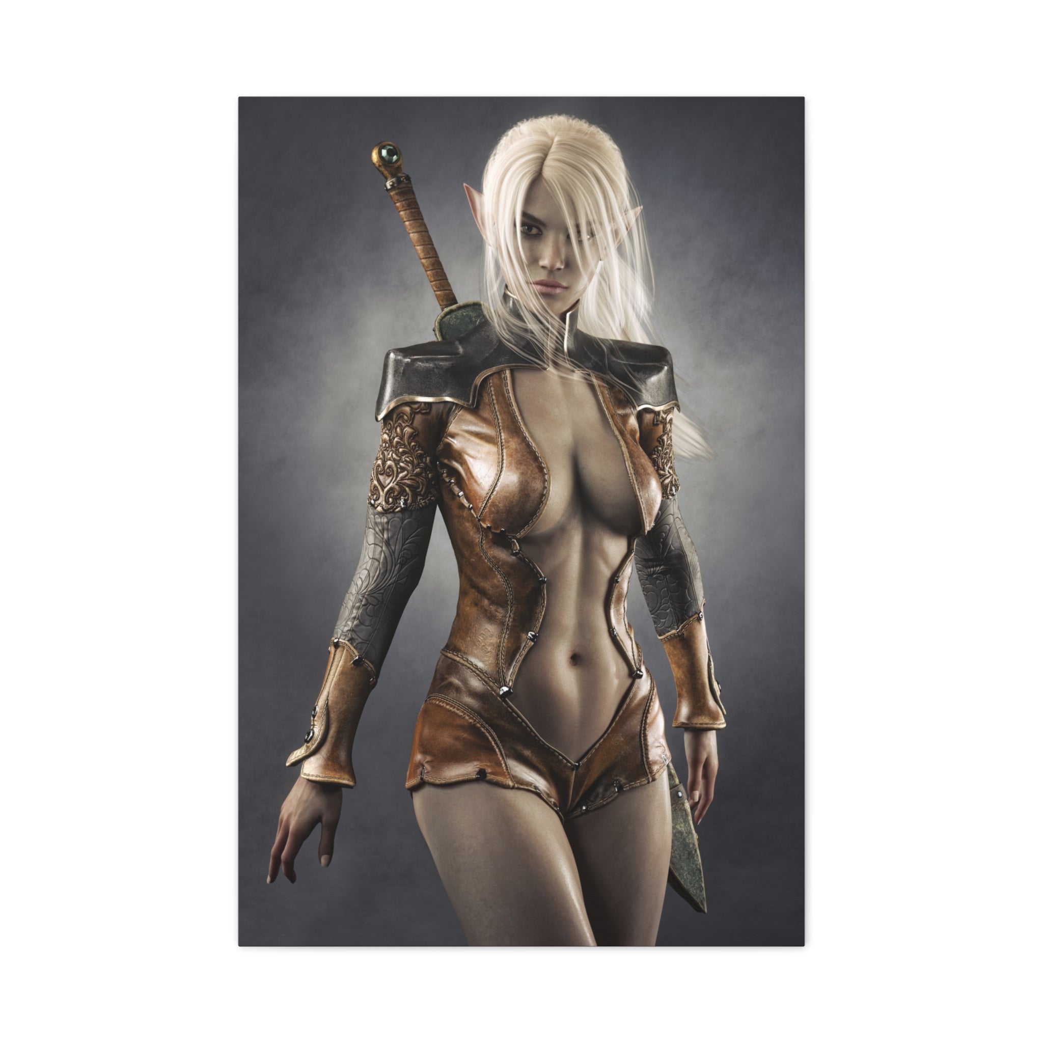 Fantasy Warrior Elf Canvas Print — Sexy Female Swordfighter Matte Stretched Art- No AI- Human created illuration art