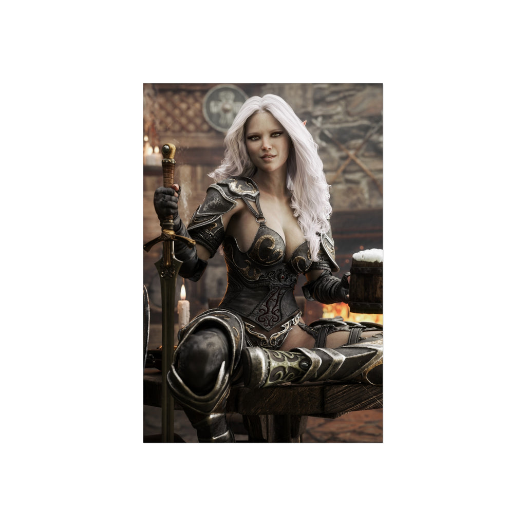 Fantasy Warrior Woman Fine Art Poster — Armored Dark elf Tavern Scene- No AI- Human created illustraion