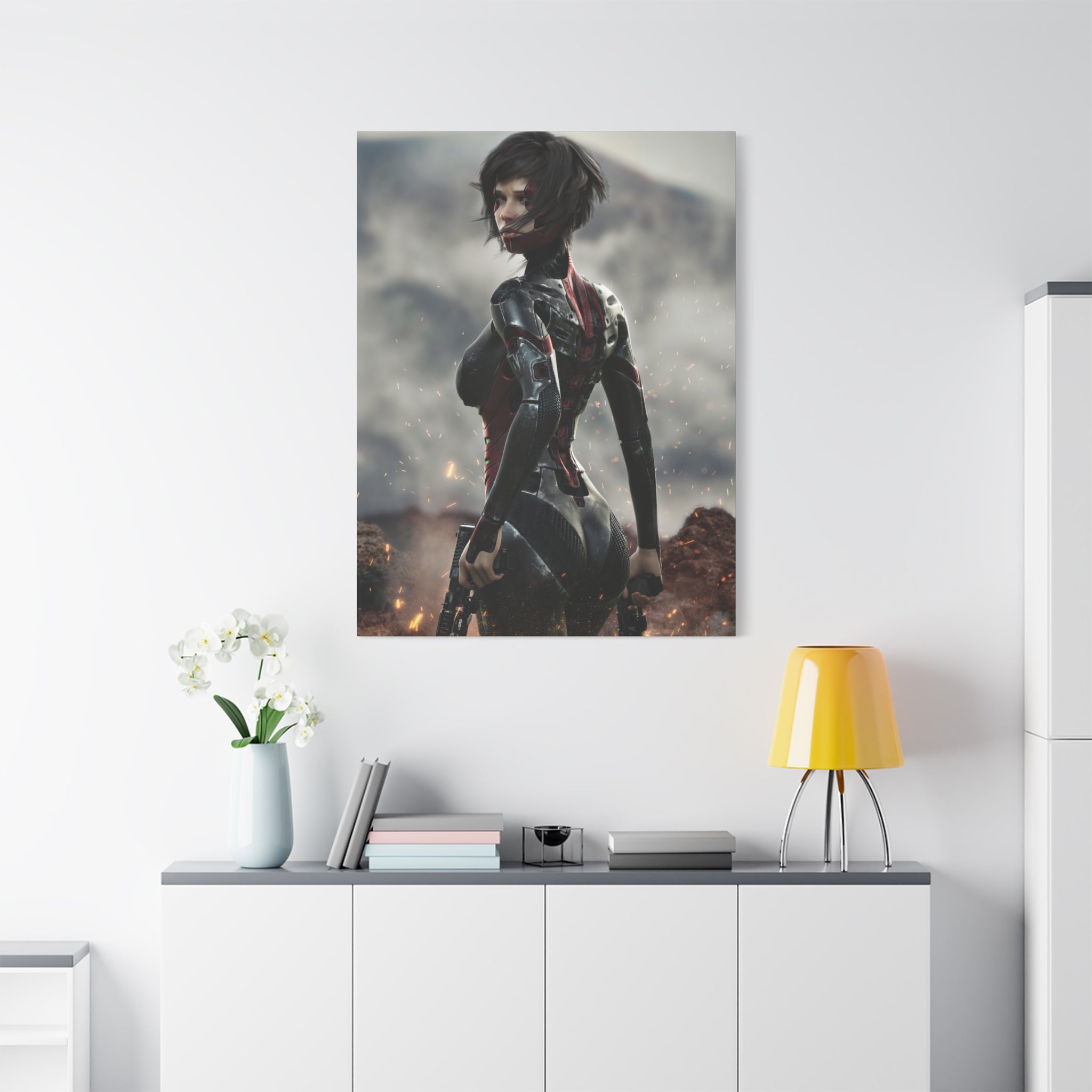 Sci‑Fi Warrior Matte Canvas Print — Futuristic Female Soldier Wall Art- No AI - Human created illustration art