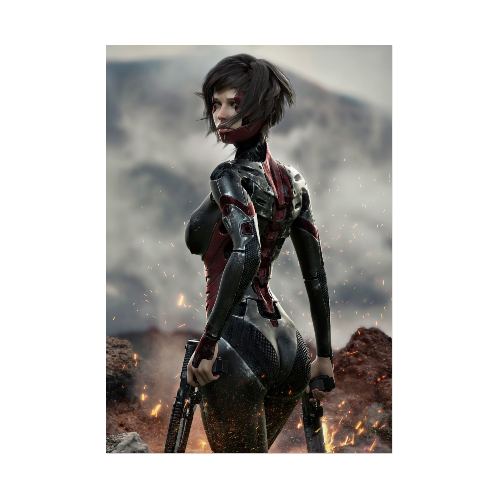 Sci‑Fi Warrior Fine Art Poster — Cybernetic Female Soldier Wall Art- No AI - Human created illustration art