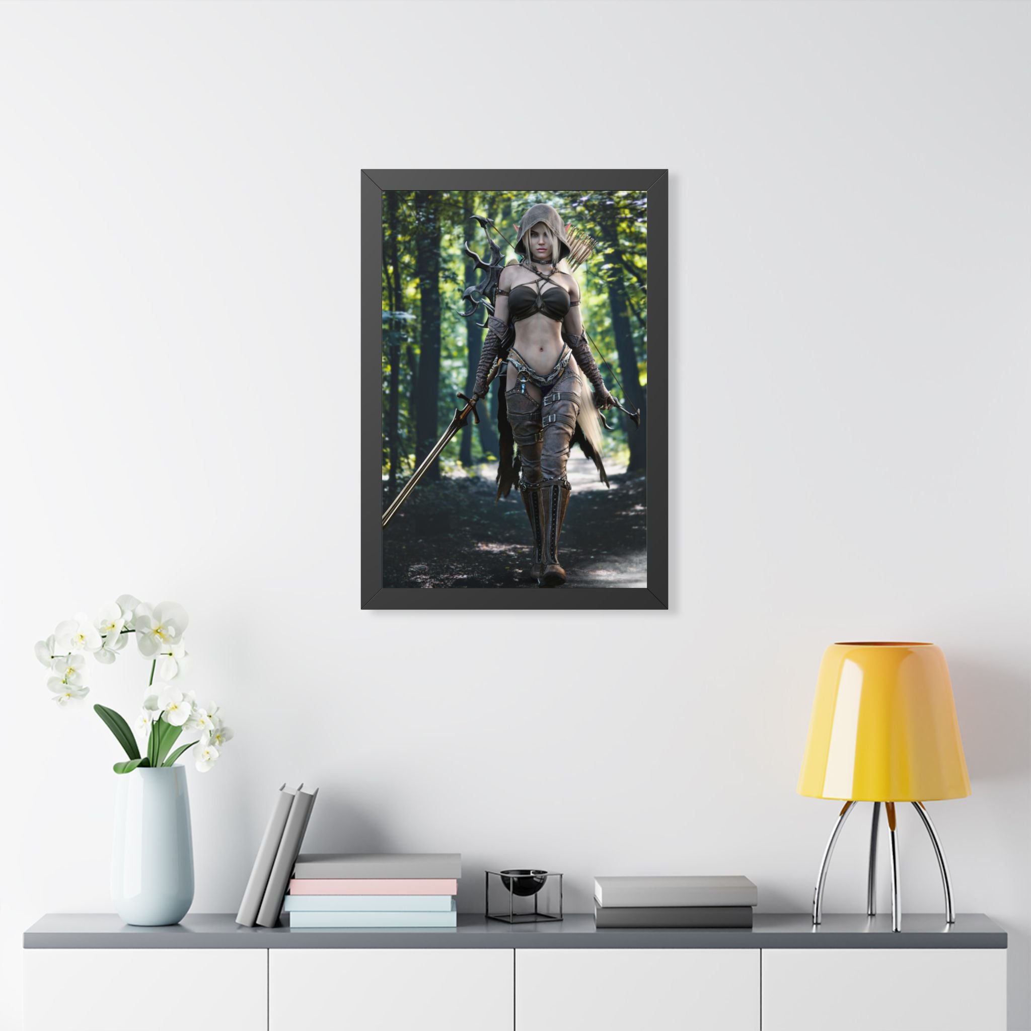 Framed Poster — Fantasy Forest Female Warrior Art Print- No AI- Human created illustration art