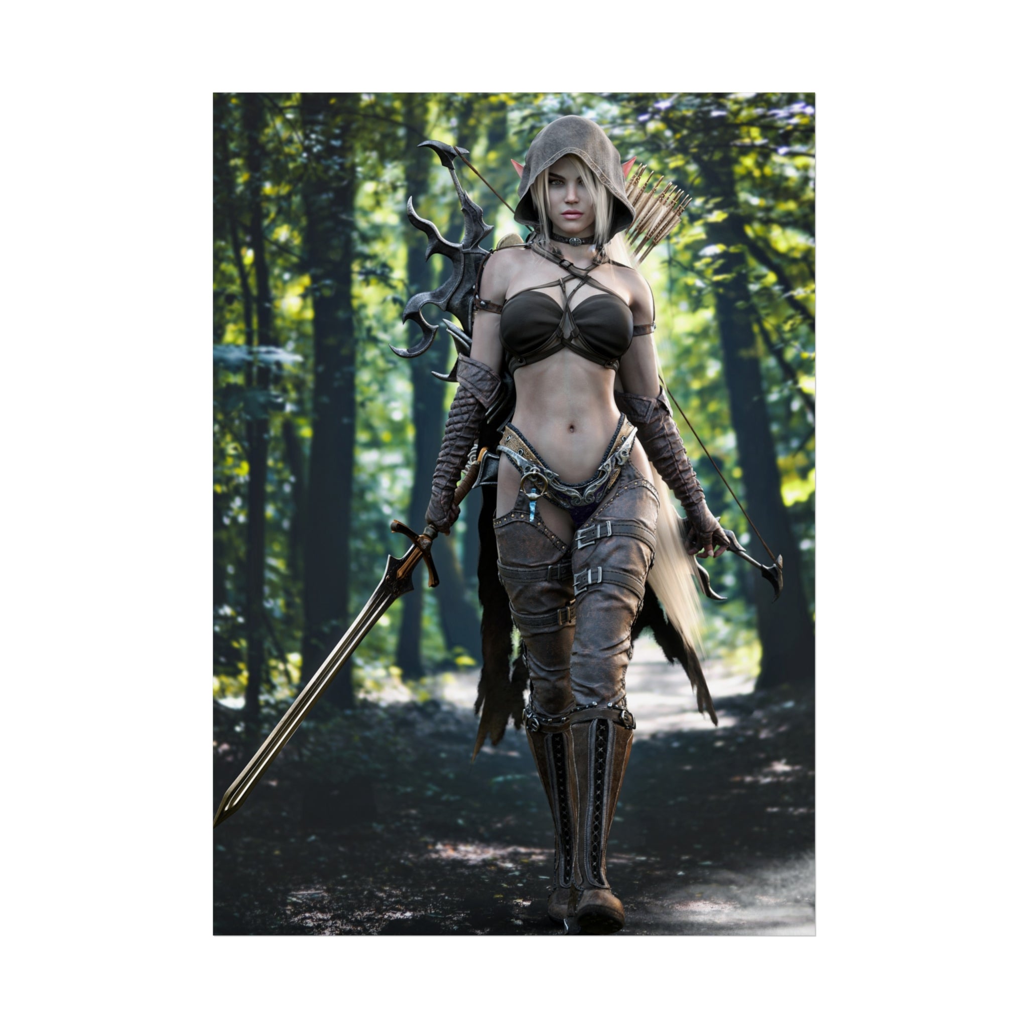 Fantasy Elf Warrior Fine Art Poster — Archer Huntress in Enchanted Forest- No AI - Human created illustration art