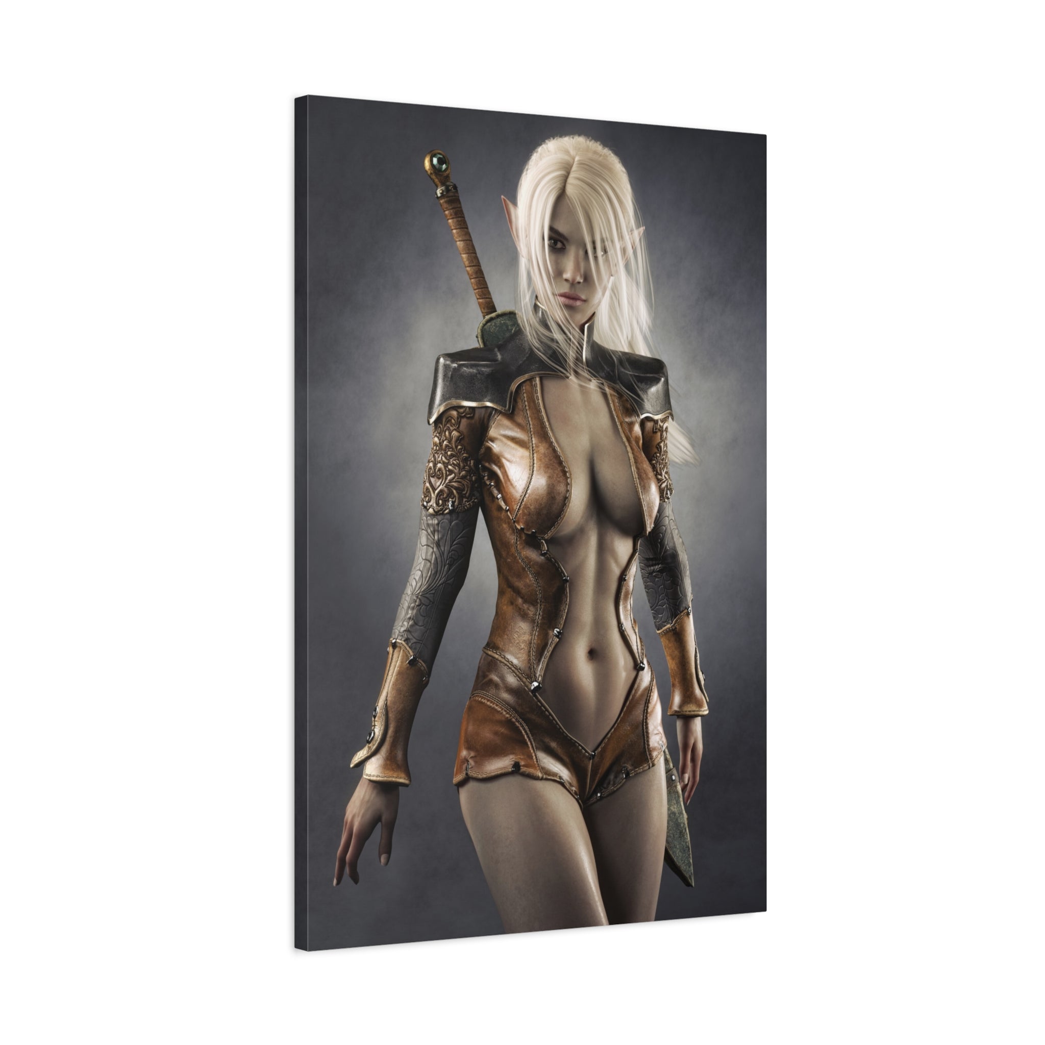 Fantasy Warrior Elf Canvas Print — Sexy Female Swordfighter Matte Stretched Art- No AI- Human created illuration art