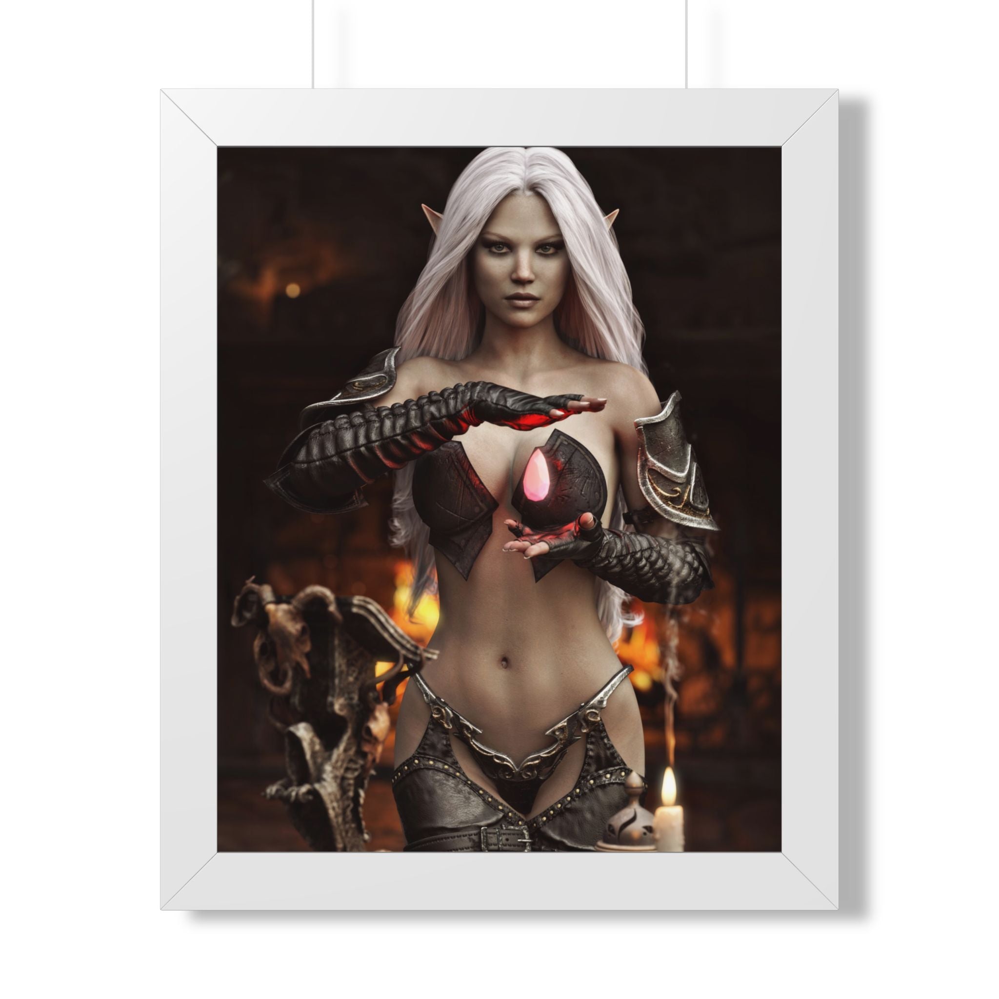 Framed Poster — Dark Fantasy Elf Sorceress with Glowing Orb- NO AI - Human made illustration